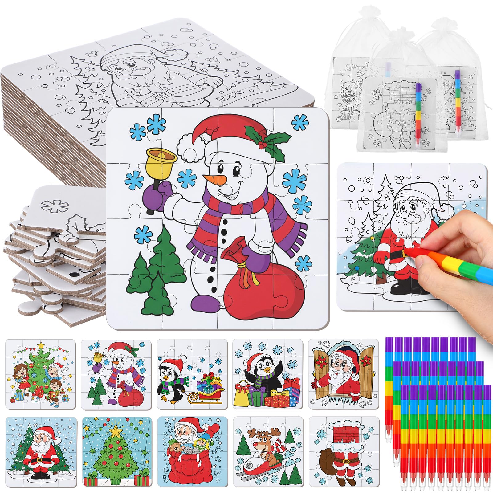 Arrowbash 30 Pack Color Your Own Christmas Jigsaw Puzzles for Kids Stackable Crayons Gift Bag DIY Religious Christmas Craft Pape