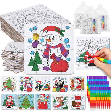 Arrowbash 30 Pack Color Your Own Christmas Jigsaw Puzzles for Kids Stackable Crayons Gift Bag DIY Religious Christmas Craft Pape