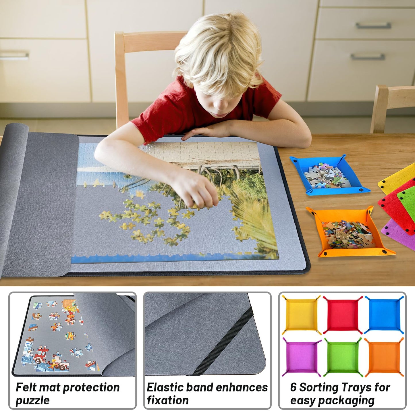 Folding Puzzle Board With 6 Puzzle Sorting Trays, Puzzle Felt Mat,For Puzzle Storage Puzzle Saver, Non-Slip Surface, Up To 1000