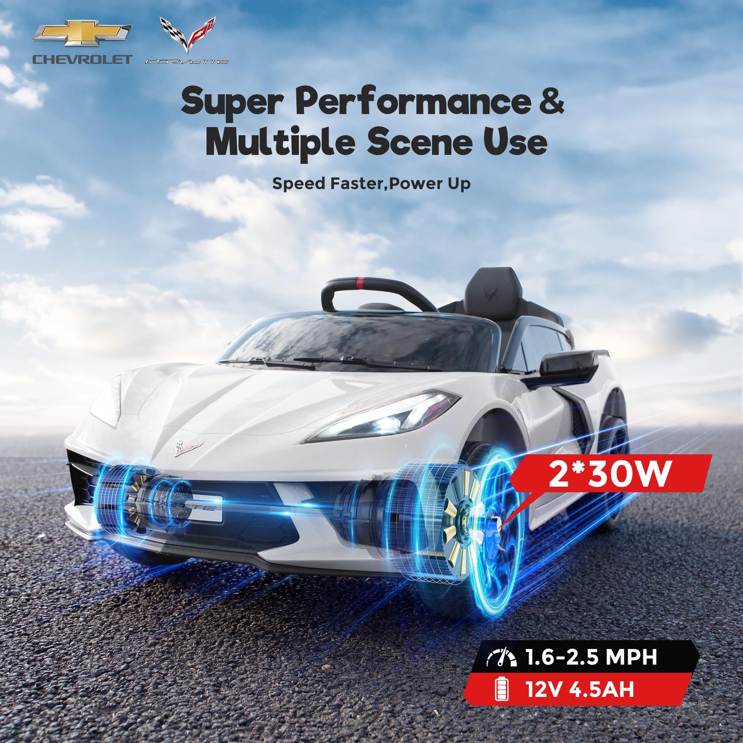 Licensed Chevrolet Corvette C8 Kids Car, Kids Electric Car, Kids' Electric Vehicles, Led Lights, 3 Speeds, Bluetooth, Shiny Dash