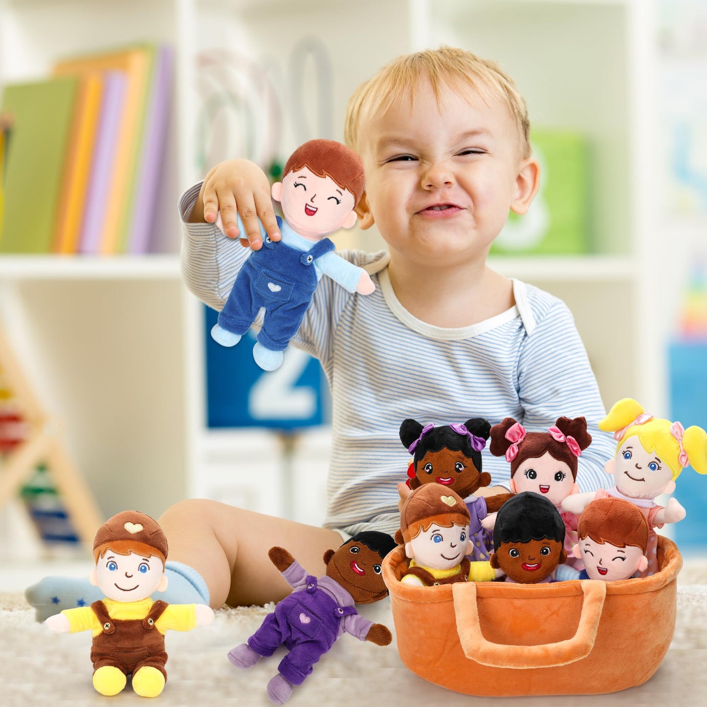 Qpewep Basket Of Baby Plush Dolls - 8' Plush Diversity Baby Dolls- 6 Piece Set Interchangeable Clothes Soft Stuffed Plush Figures For All Ages Xmas Gift