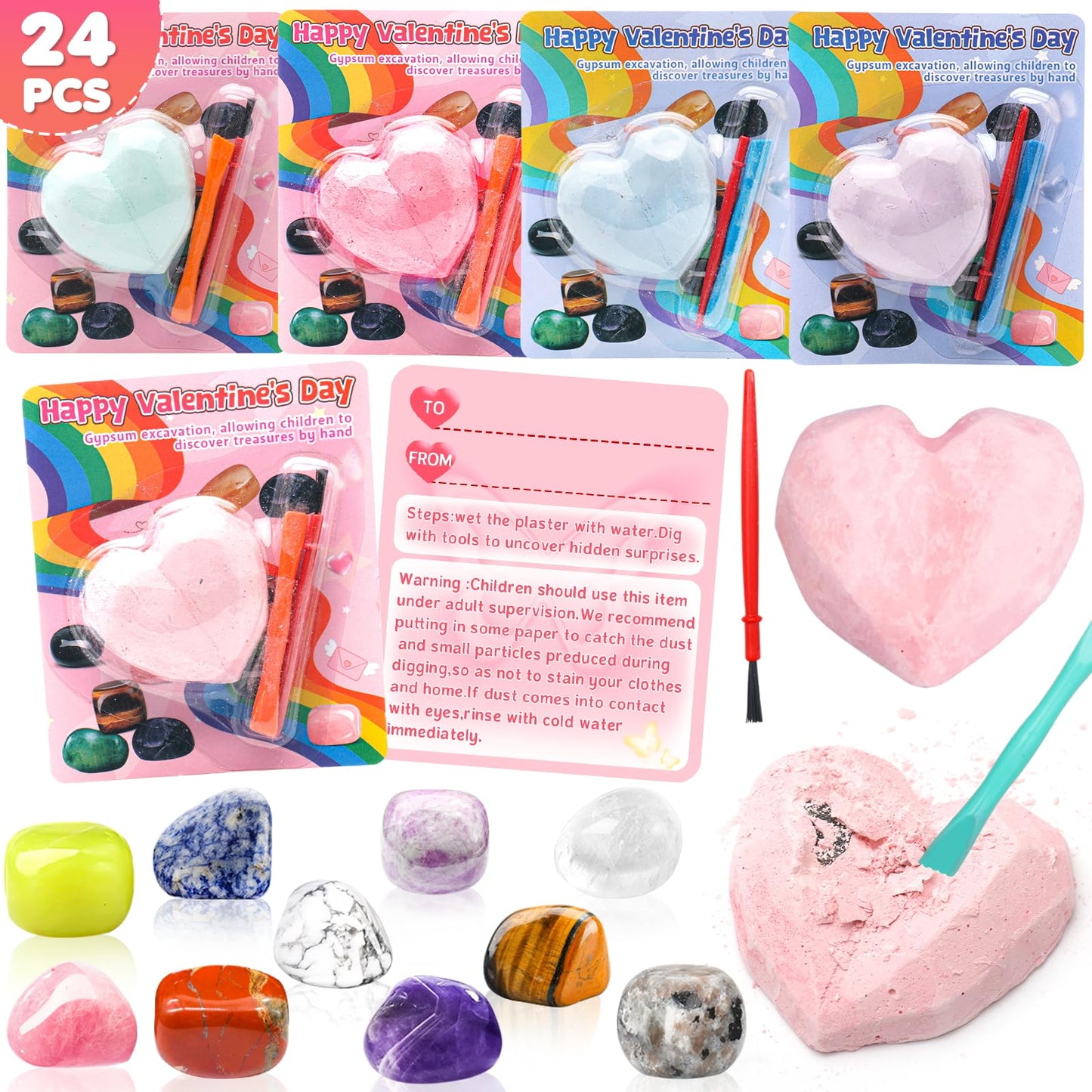 DREACAREFT Valentines Day Cards for Kids School Classroom - 24 Pack Gemstone Dig Kits with Cards, Class Exchange Gifts for Girls
