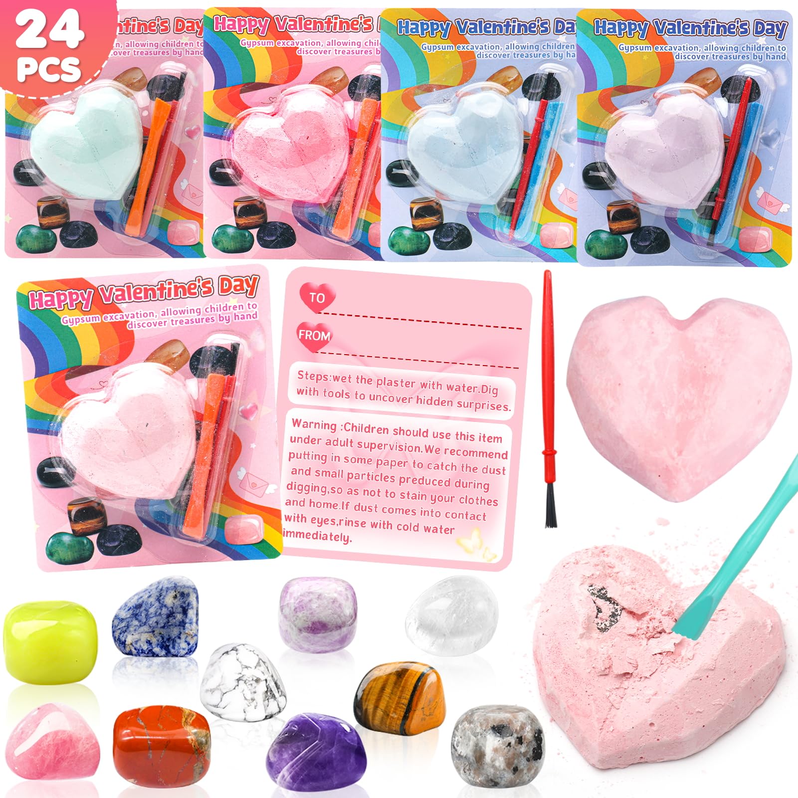 DREACAREFT Valentines Day Cards for Kids School Classroom - 24 Pack Gemstone Dig Kits with Cards, Class Exchange Gifts for Girls