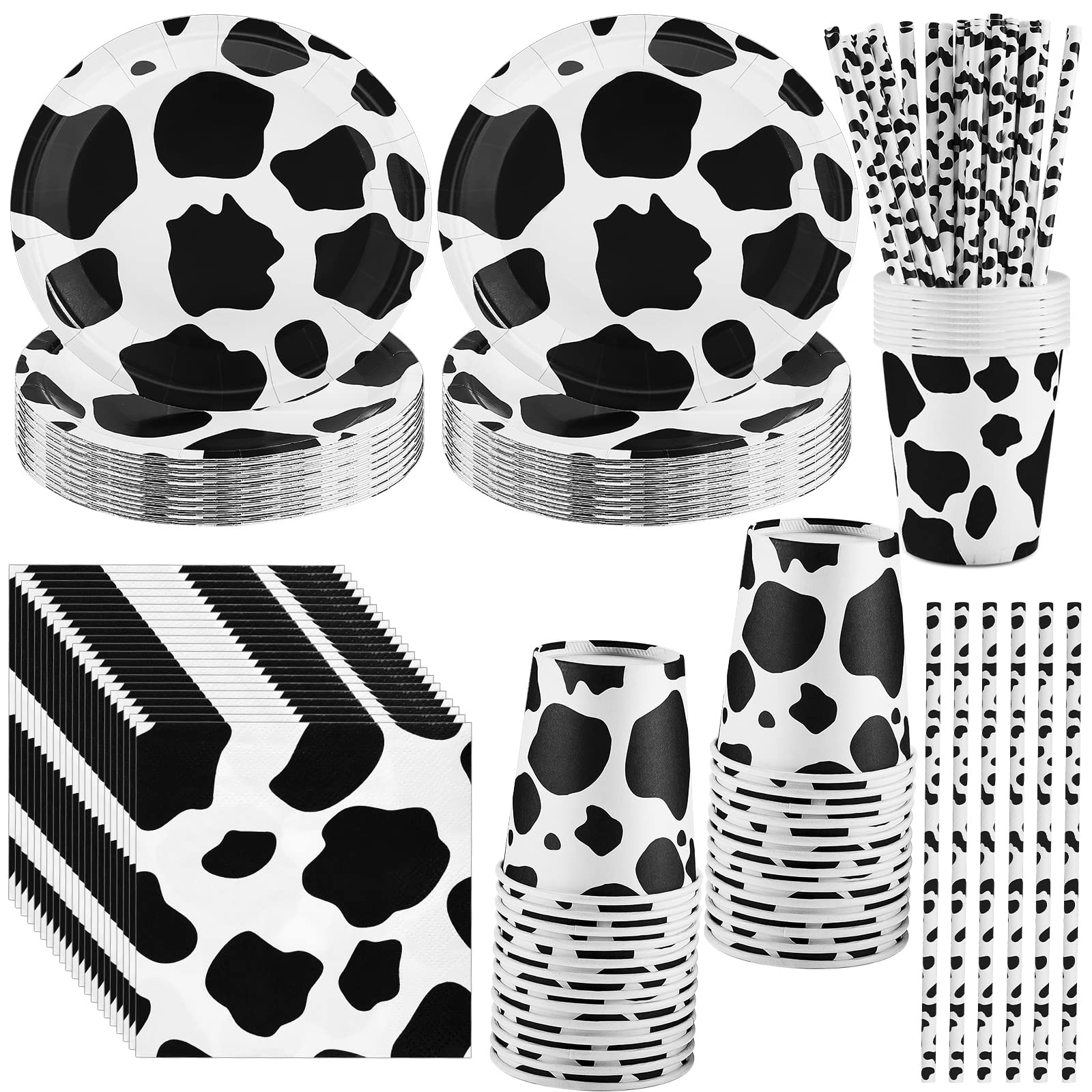 Lewtemi 100 Pcs Cow Print Party Supplies Kit, Includes Napkins, Plates, Straws for Farm Theme Birthday Parties