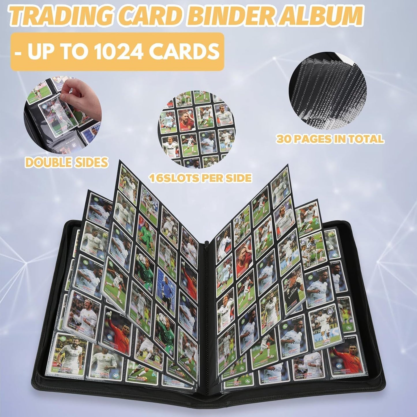 Arkeiliy enhanced Ringless Trading Card Binder - 1024 Capacity  16 Side-Loading Pockets per Page  Archival Quality Protection & Anti-Slip Spine for TCG  MTG  Sports Cards (Black II)