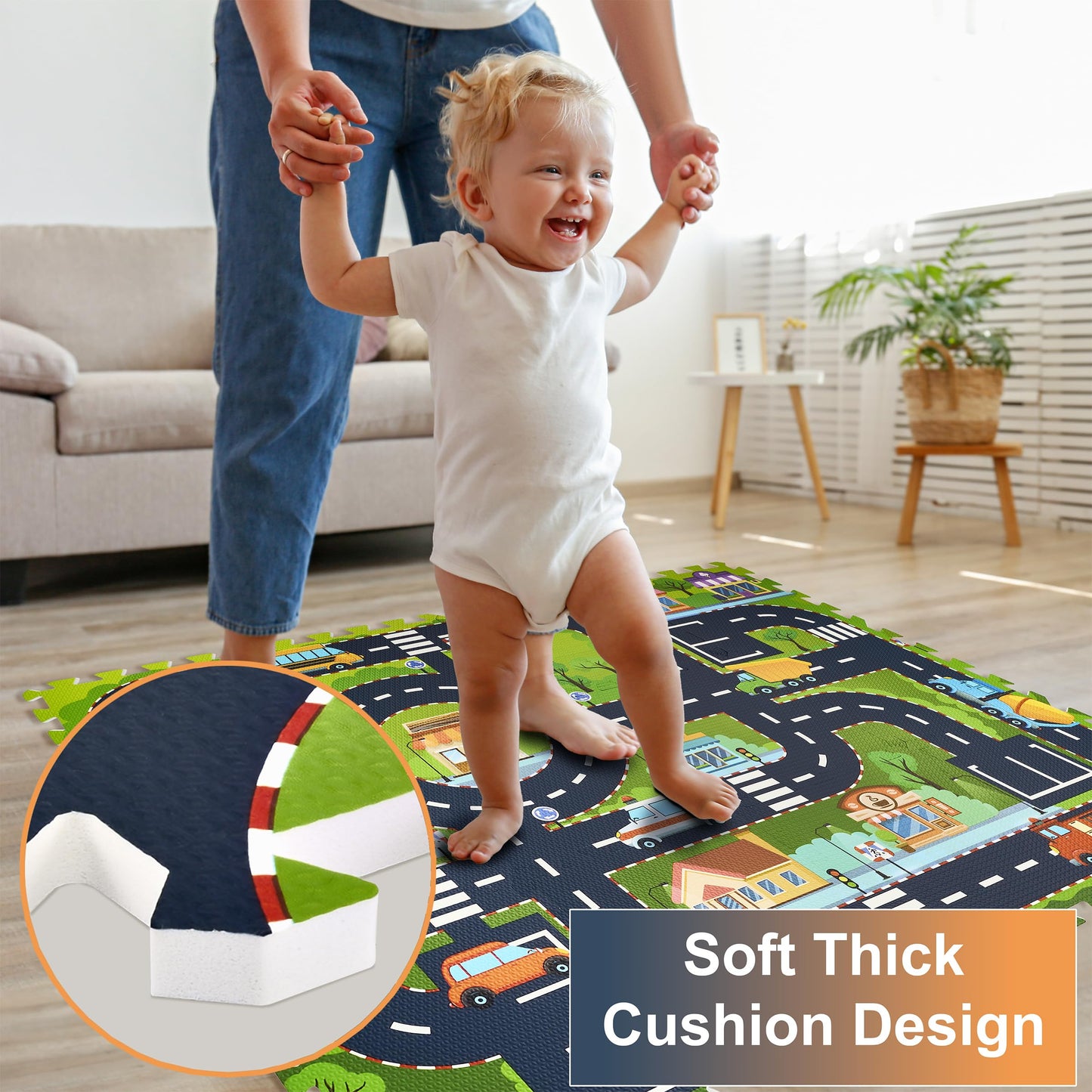 Sorbus Foam Playmat For Kids - Traffic Play Mat For Babies - Interlocking Floor Mats City Road Design - Track Play Rug For Children - Educational Playmat Rug Squares For Toy Cars & Trucks (12 Tiles)