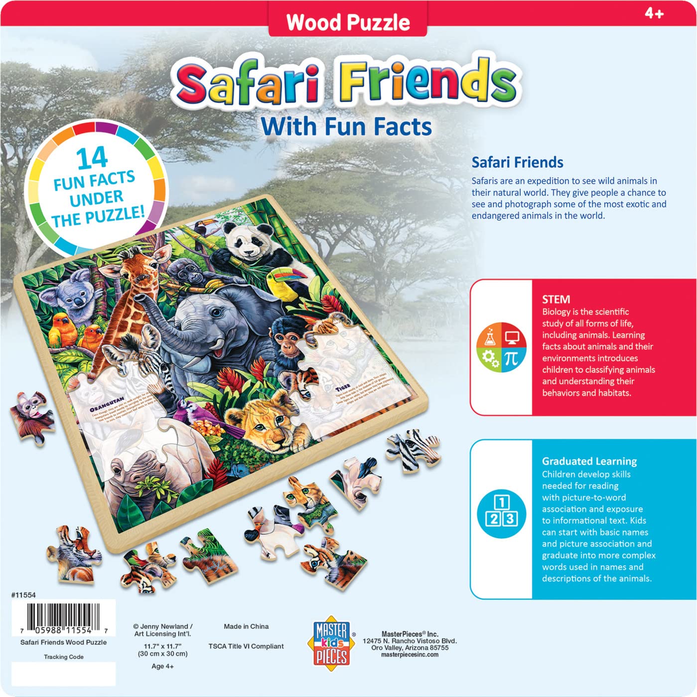 Masterpieces 48 Piece Fun Facts Jigsaw Puzzle For Kids - Safari Friends Wood Puzzle - 12''X12''