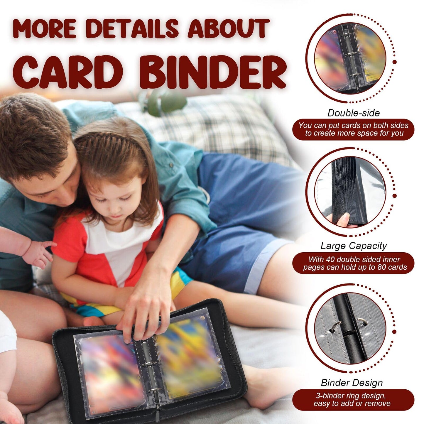 Jumbo Card Binder  HYMENEX 80 Pockets Trading Card Binder with 40 Removable Sleeves and Zipper for Jumbo Oversized Cards - Portable & Lightweight 5.9 x 8.1 (Size XL)