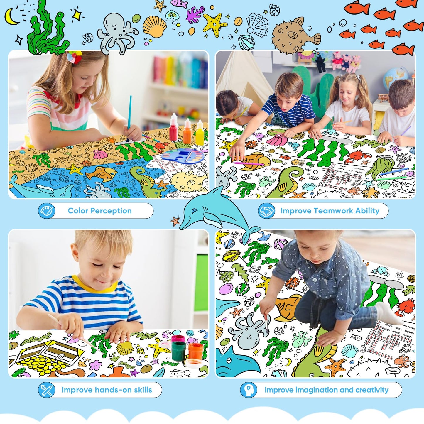 Ddmy Under The Sea Giant Poster, 72 X 35.5 Inch Versatile Drawing Paper For Kids, Classroom Wall/School/Home, Sea Animal Table Cover Coloring Sheets Tablecloth