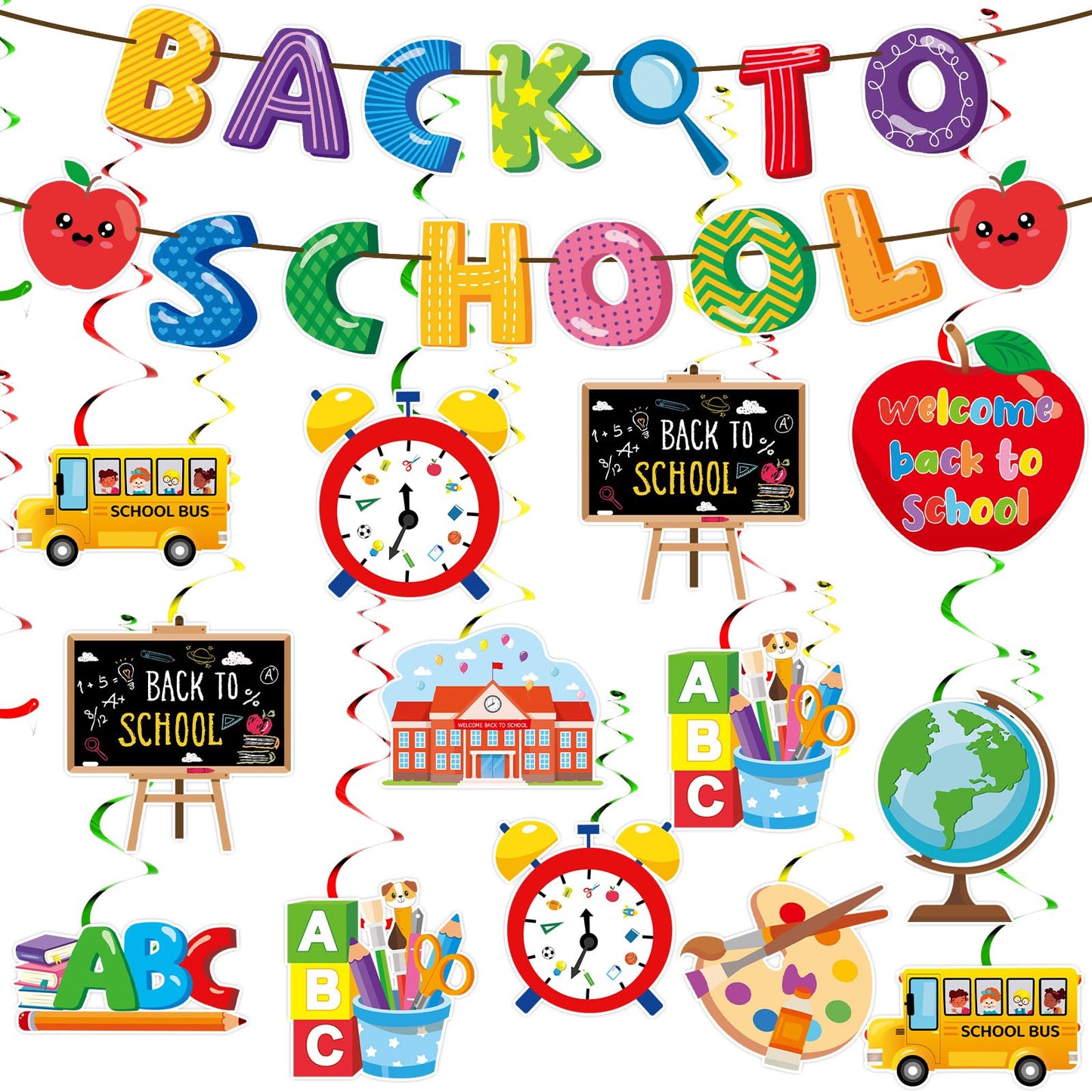 DTOFOOT Back to School Decorations, Welcome Back to School Banner and NO-DIY Hanging Swirls Foil Ceiling Streamers First Day of 