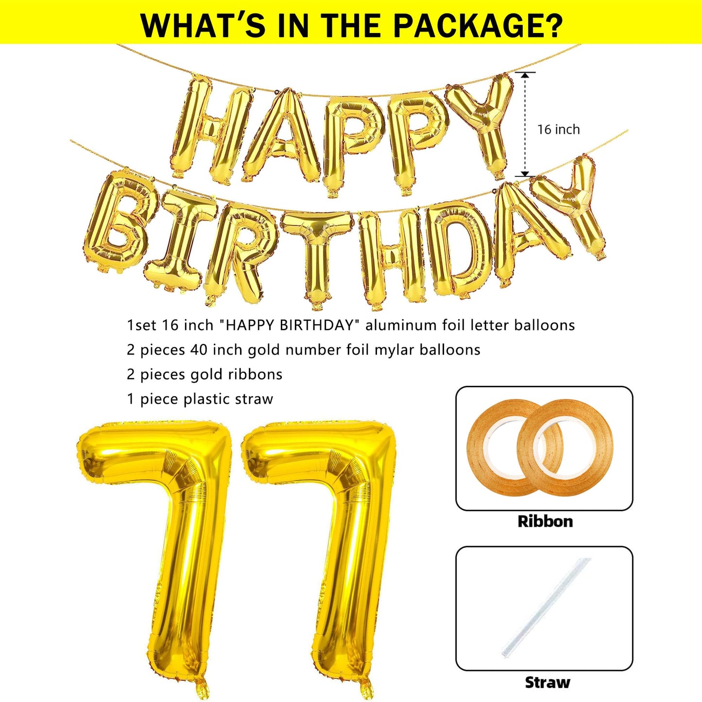 SHUNTAI 77th Birthday Decorations - Gold Jumbo Foil Number Balloons & Happy Birthday Banner - 77 Years Old Party Supplies