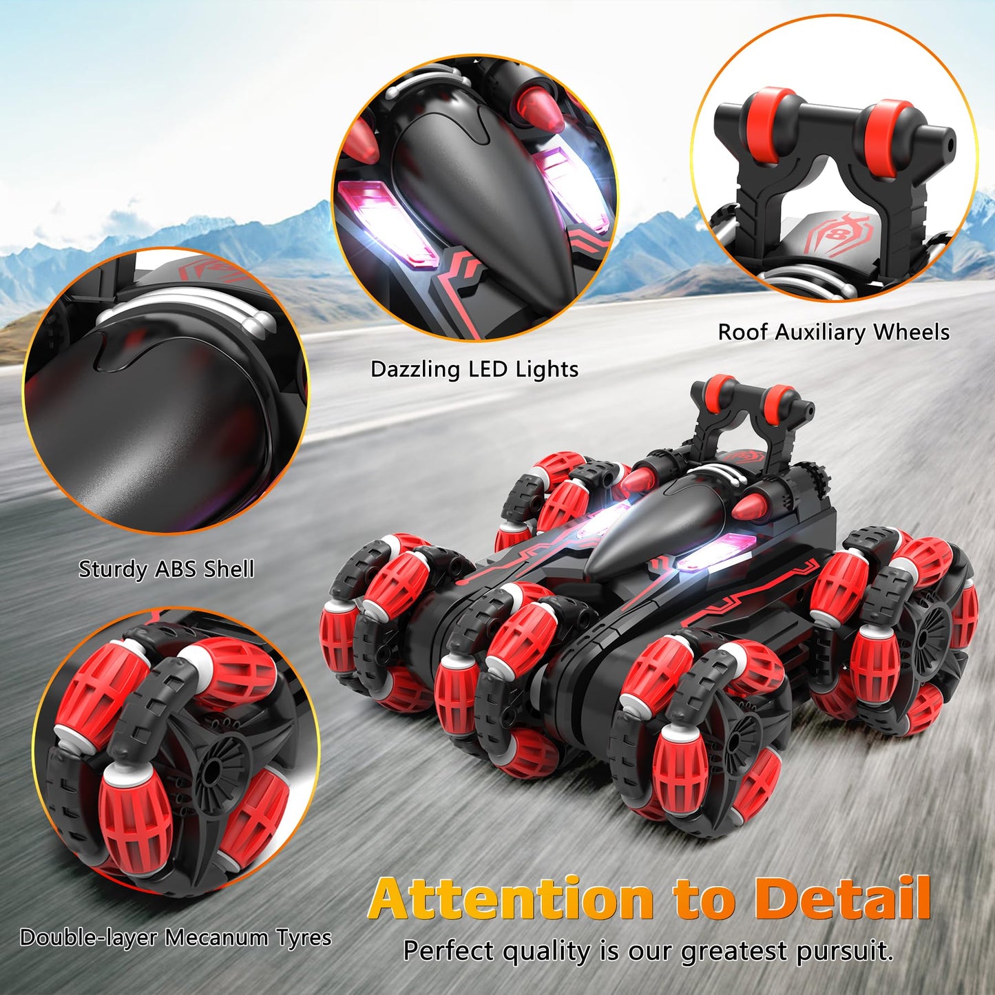 Eulogia Rc Stunt Car With Deformable Wheel Arm, 2 Rechargeable Batteries, Lights, 360 Rotation, One-Key Demo, 2.4Ghz All-Terrain