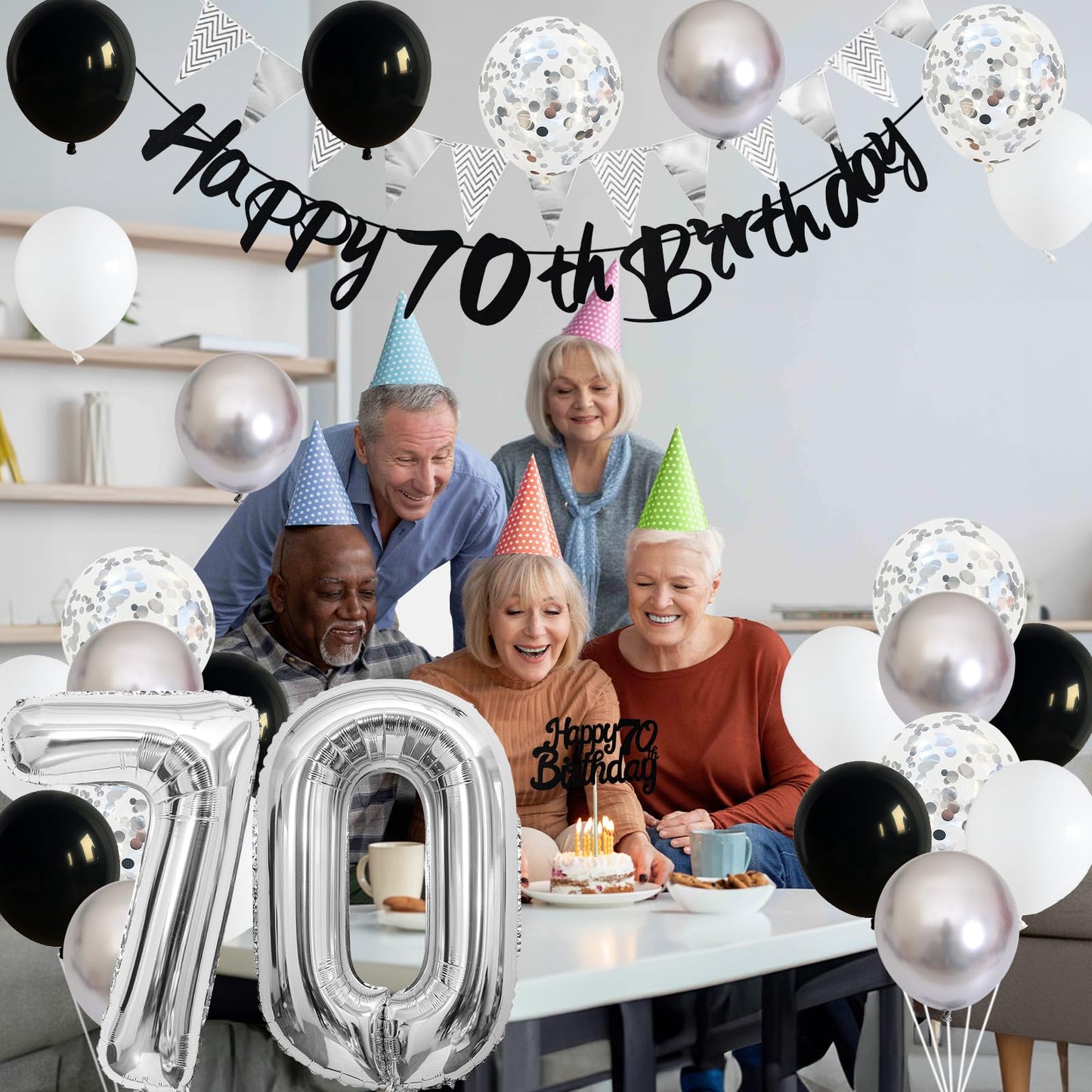 70Th Birthday Decorations For Men Women, Black Silver White Birthday Balloons, Black Happy 70Th Birthday Banner Birthday Cake To