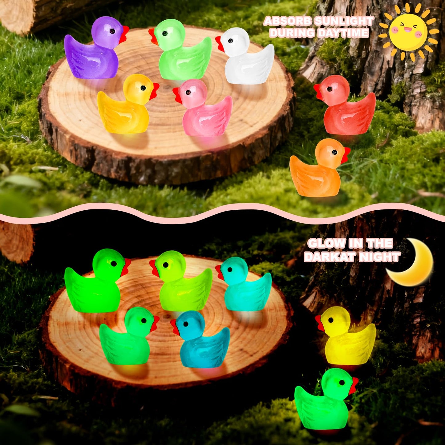 280Pcs 18 Colors Luminous Mini Resin Ducks Glow in The Dark Tiny Ducks Figures to Hide Bulk Plastic Duck Miniature for Dollhouse Micro Landscape Aquarium Potted Cake Decor DIY Craft Gifts Party Favors