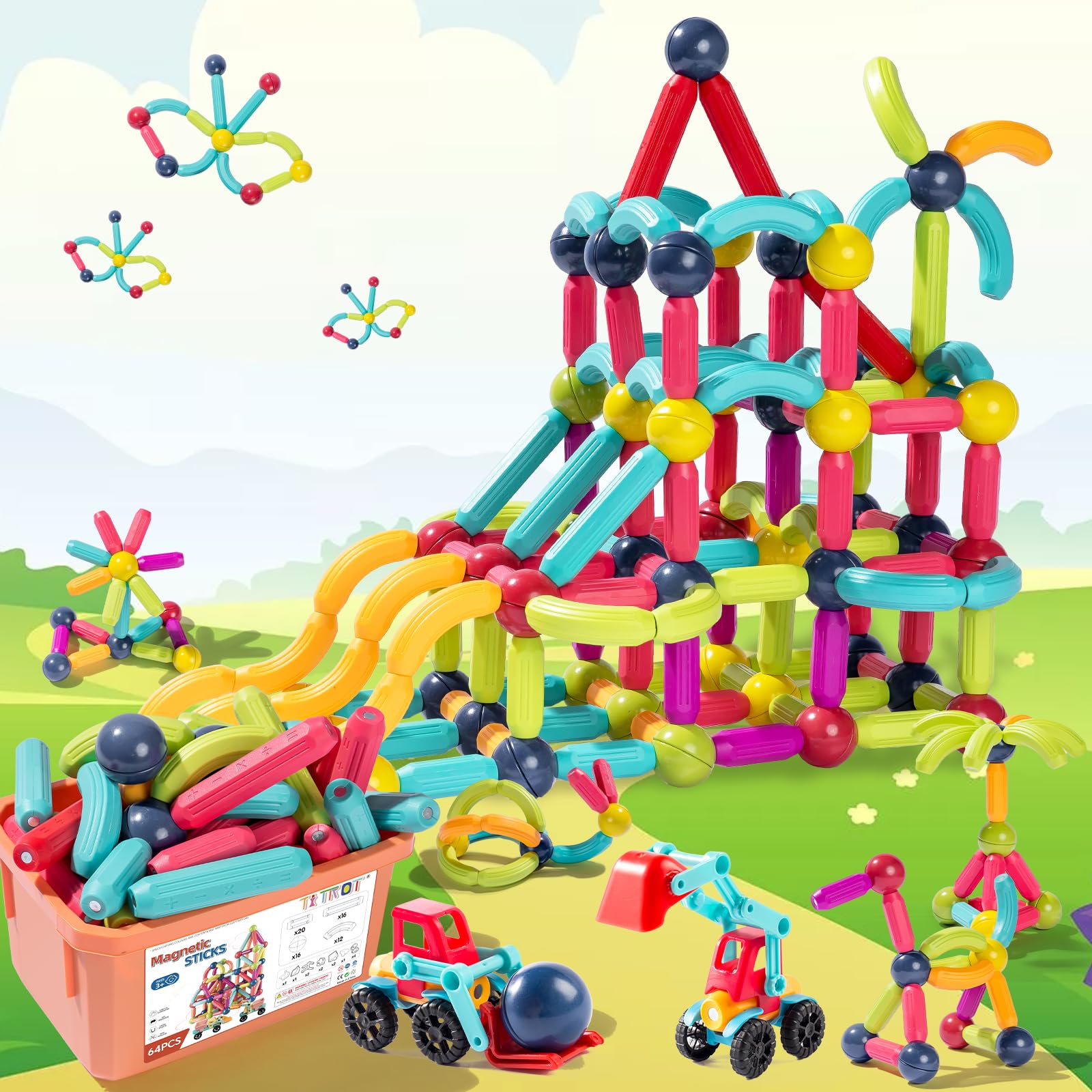 Titrot Magnetic Blocks Kids Toys, 64Pcs Magnetic Building Sticks STEM Educational Sensory Toy Preschool Learning Montessori Toys