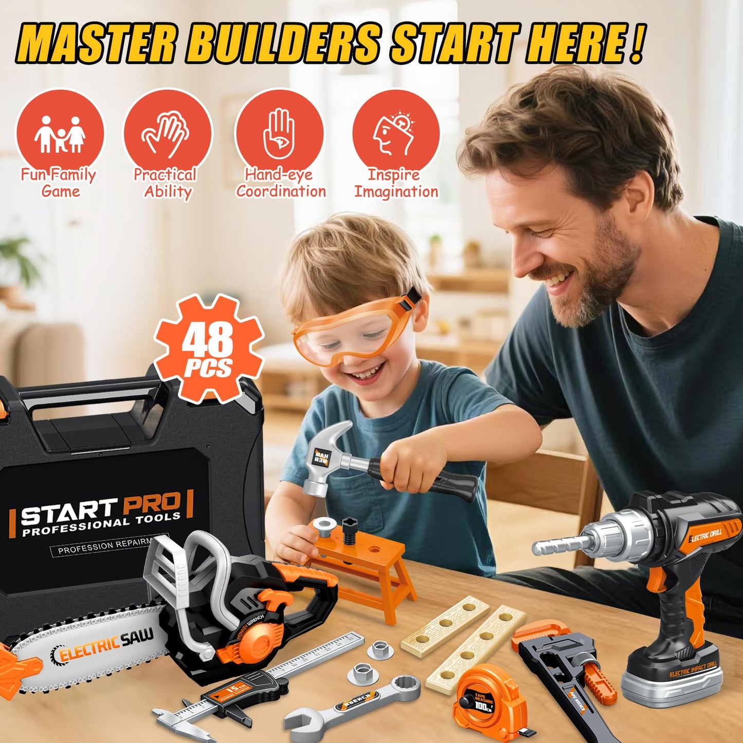 Kids Tool Set Toys, 48 Pcs Toddler Tool Set with Portable Tool Box, Electronic Toy Drill & Electric Chainsaw, Construction Tools