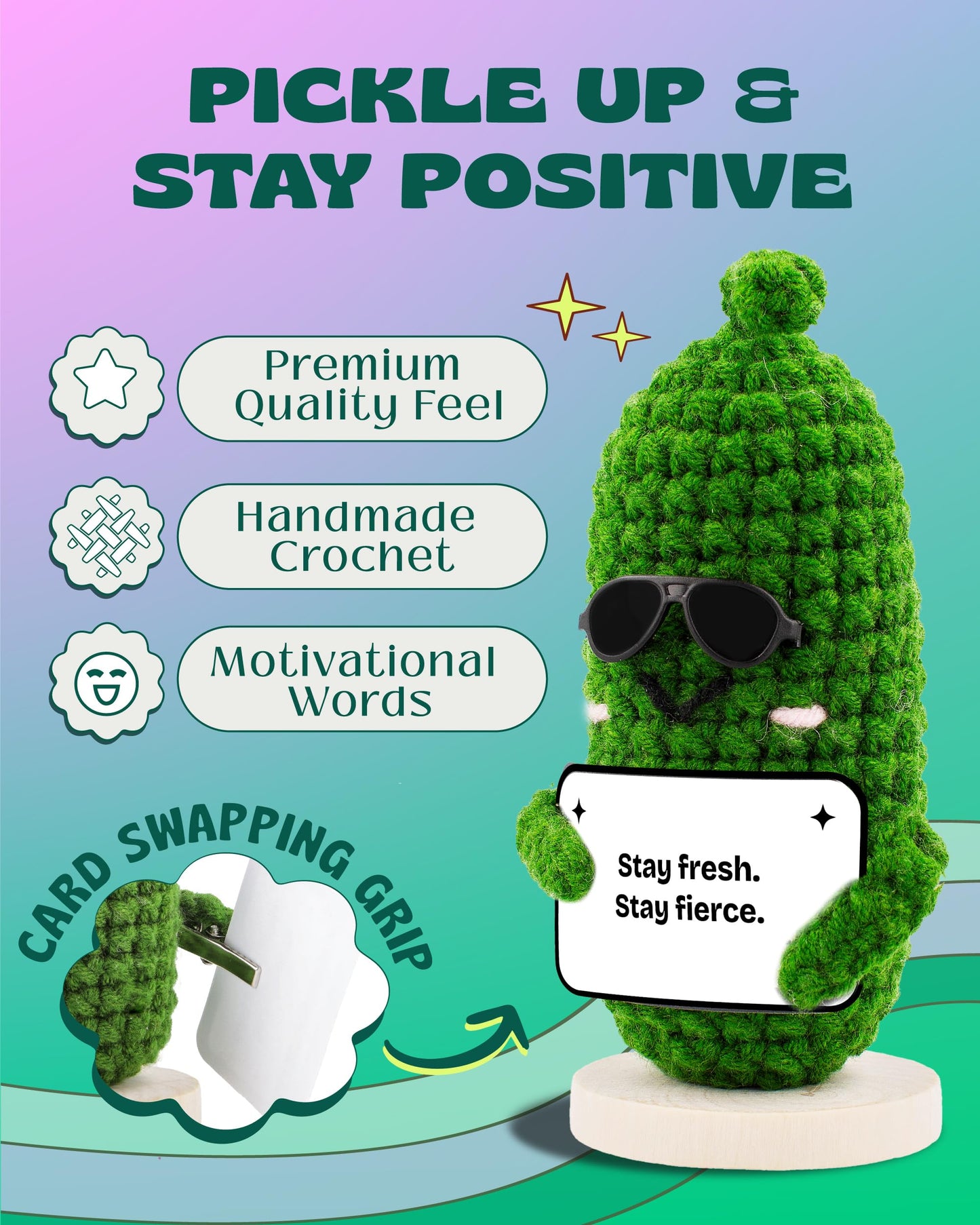 Almacura Crochet Plush Emotional Support Pickle - Green, 2.6x4.7 In, 15 Motivational Cards, Customizable QR Messages, Model EM-PICK-001
