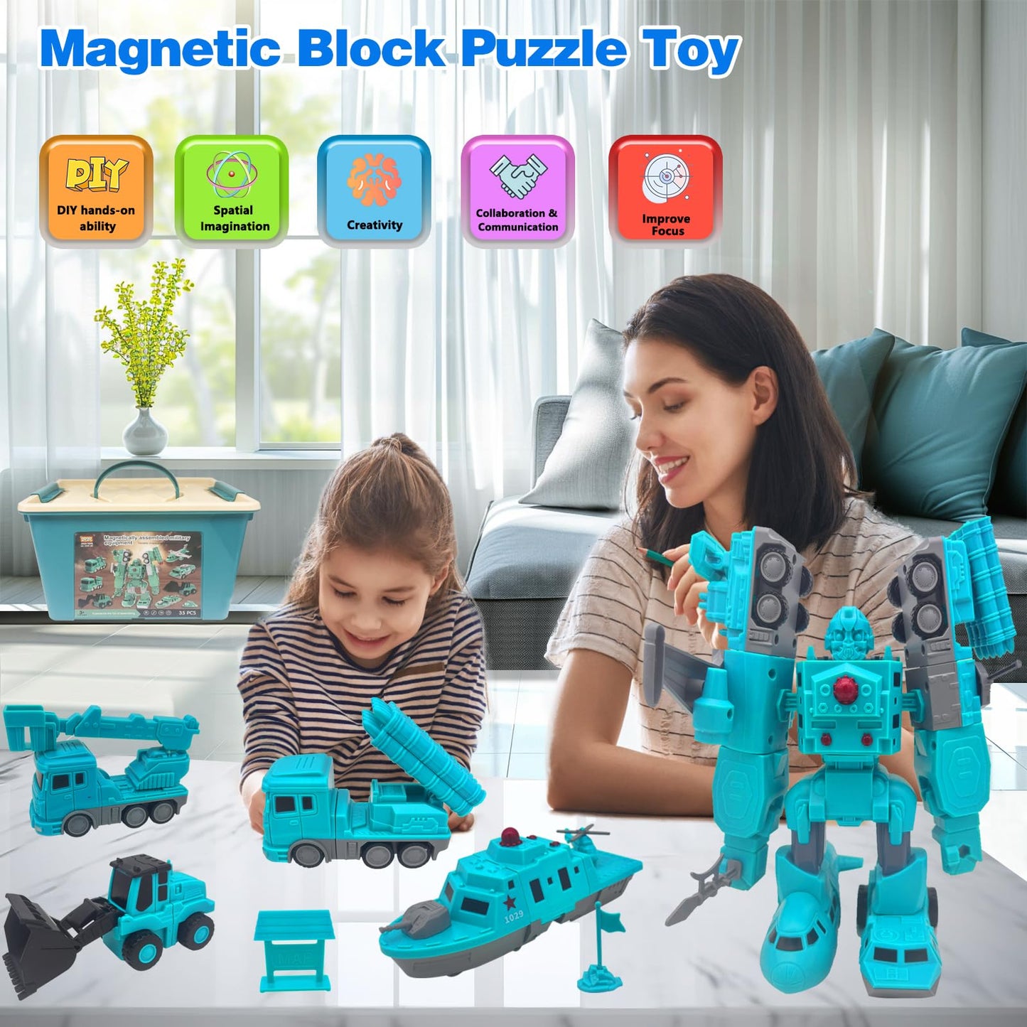 Lawfig Magnetic Transform Vehicles Assembled Toys, Construction Vehicles With Storage Box, 8 In 1 Robot Toys Set, Magnetic Block