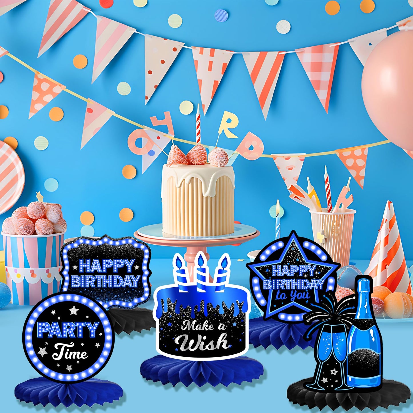 Happy Birthday Honeycomb Centerpieces 9Pcs Stylish Sophisticated Blue Neon Theme Table Decor for Men Women Boys Girls Birthday P