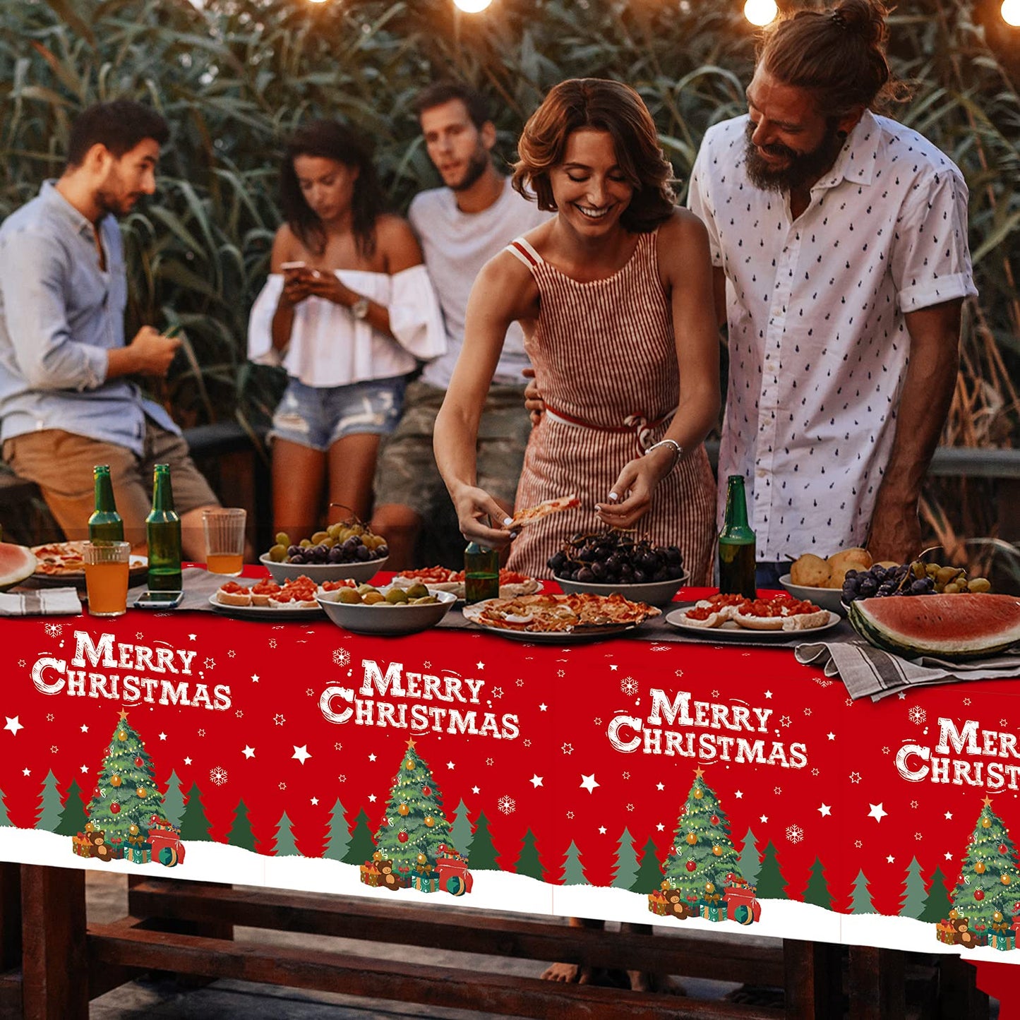 Gatherfun Christmas Table Decorations Christmas Tree Disposable Tablecloth Waterproof Plastic Rectangular Table Cover for Merry