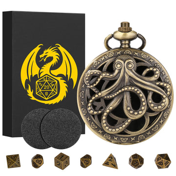 Keller & Weber Mini DND Dice Set - 7pcs Polyhedral Metal Dice in Bronze, Steampunk Hollow Octopus Case, Model PDND0401HZB