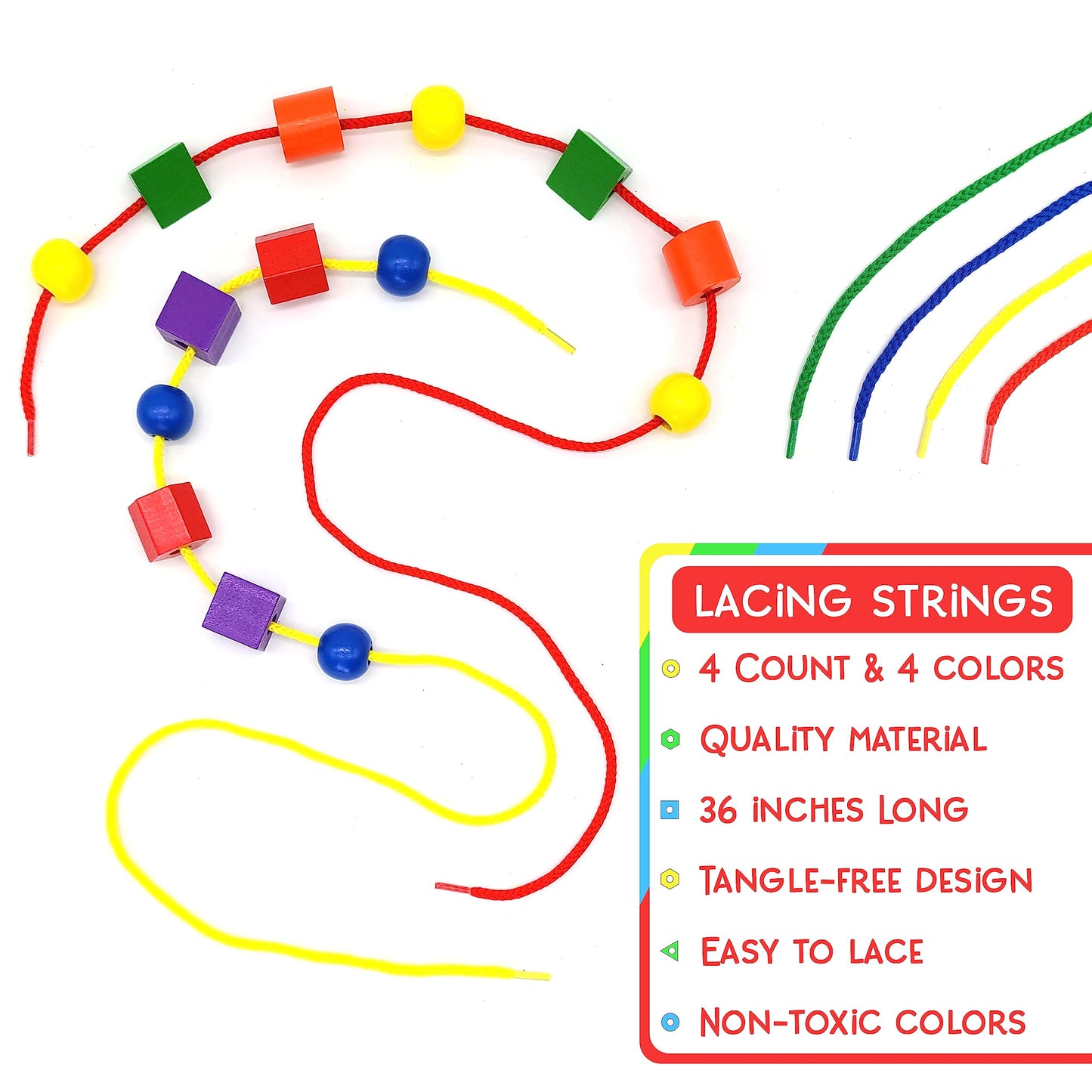 LMC Products Wooden Lacing Beads & Strings Set - 125 Pieces, Colorful Fine Motor Skills Toys for Toddlers, Occupational Therapy, Large Size