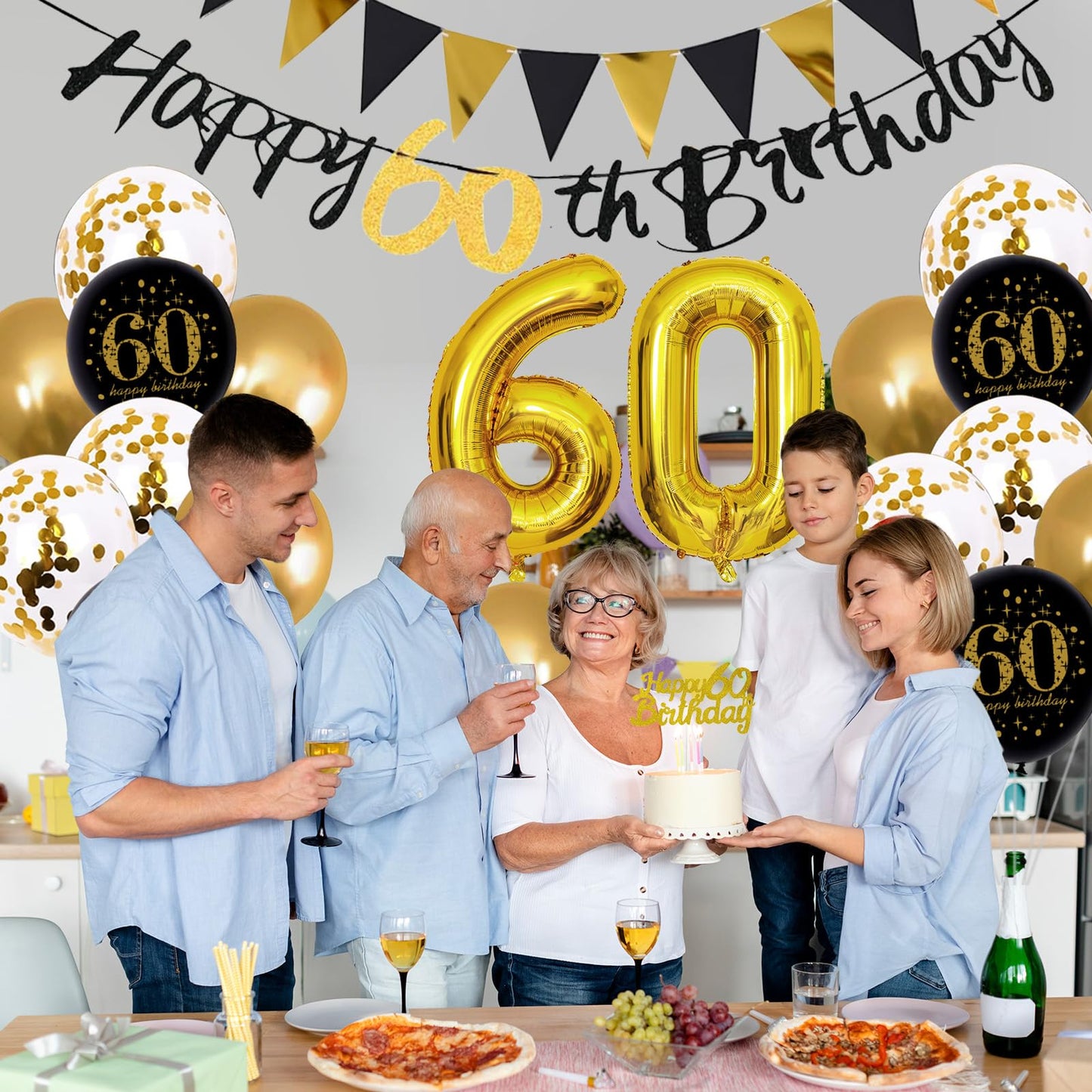 Jobkoo 60Th Birthday Decorations, Black Gold 60Th Birthday Party Decoration For Men Women Golden Black Birthday Balloons 60Th Ca