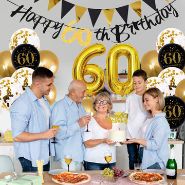 Jobkoo 60Th Birthday Decorations, Black Gold 60Th Birthday Party Decoration For Men Women Golden Black Birthday Balloons 60Th Ca