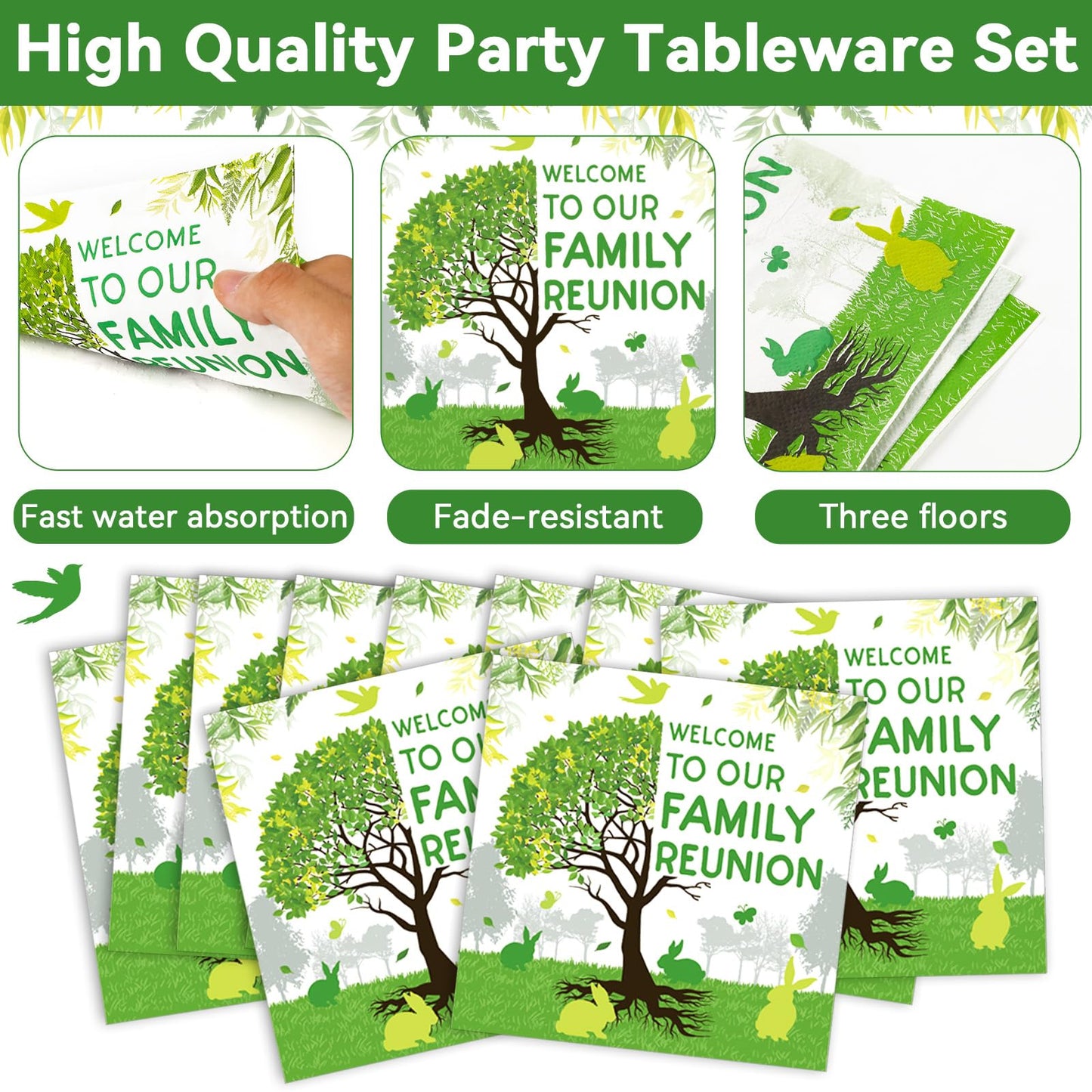 100Pcs Family Reunion Party Decorations Family Tree Reunion Plates Napkins Green Tree Welcome To Our Family Reunion Tableware Se