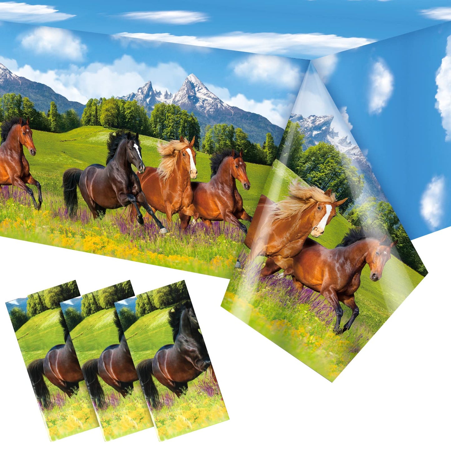 Tudomro 3 Pcs Horse Table Cover Tablecloth Party Decorations Morgan Wild Horse Racing Tablecloth for Derby Day Birthday Cowboy C