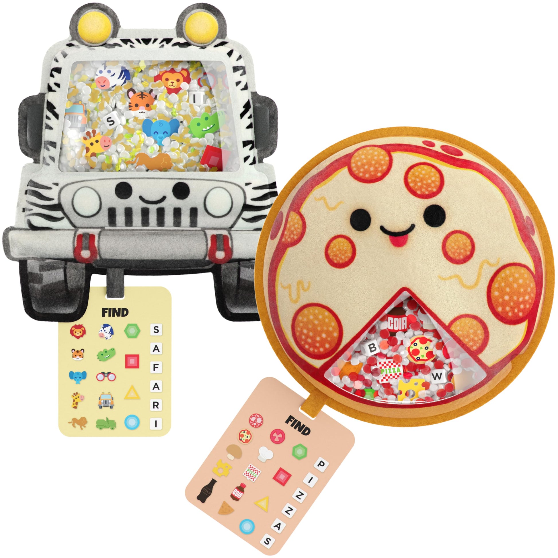 Bizyboo - The Original Seek & Find Plush - Hidden Object Search Problem Solving Educational Matching Game For Kids 2 And Up - 2 Pack (Cruz & Papa Pizza)