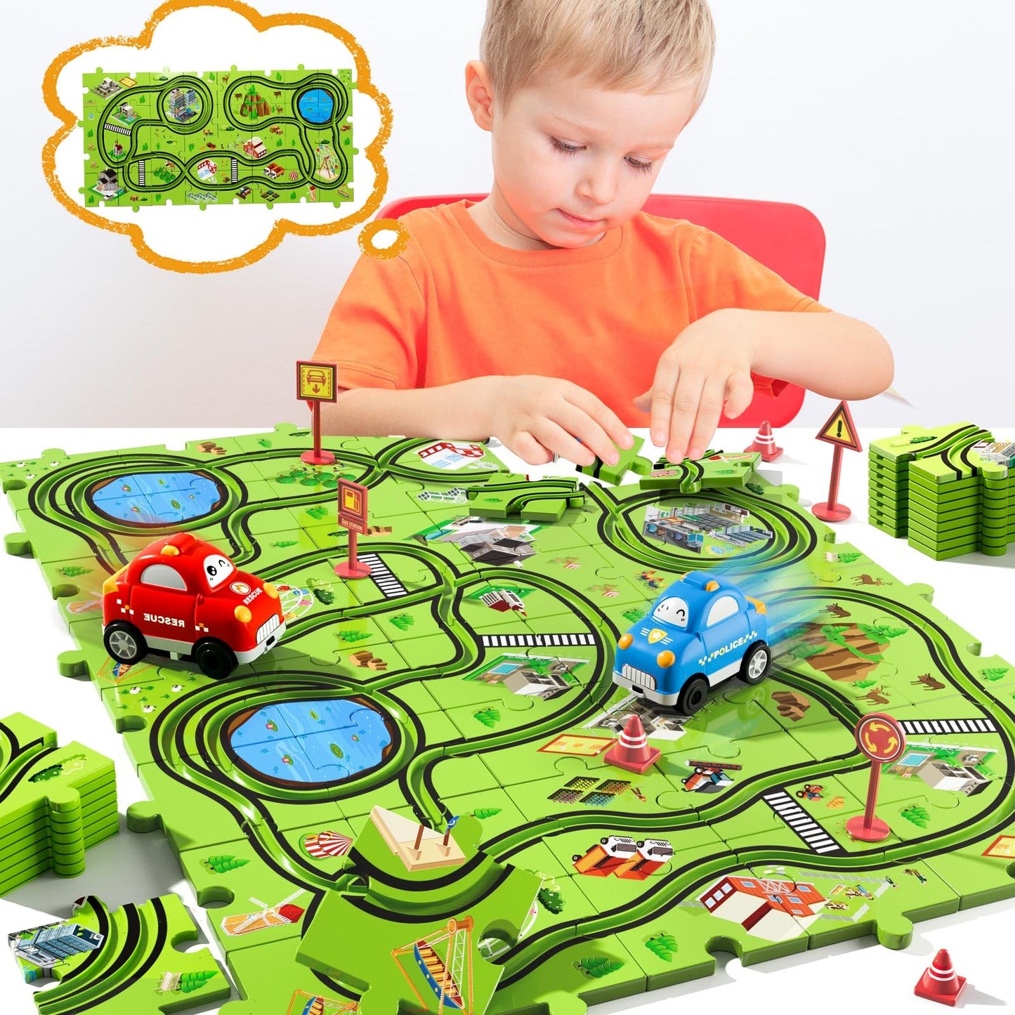Beby Buty 48 PCS Puzzle Race Track Car Set for Toddlers - Green Plastic Track Toys for Ages 3-5, Gifts for Boys & Girls