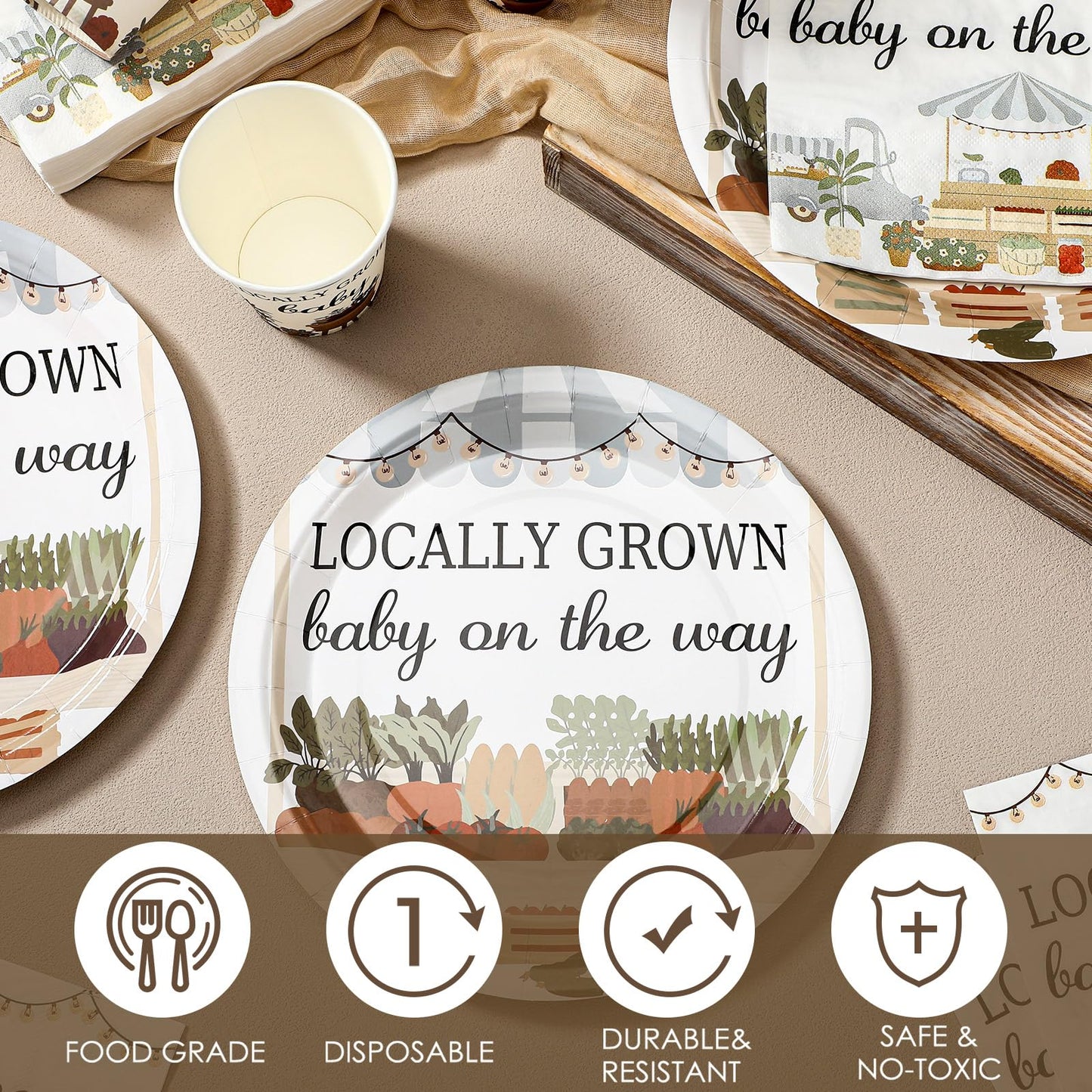 Hushee 200 Pcs Baby Shower Paper Plates Napkins Cups Baby Shower Party Supplies Tableware Set Disposable Cup Napkin for 50 Guest