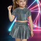 Happy Cherry 2Pcs Kids Girls Shiny Metallic Short Sleeve Crop Top With Pleated Skirt Set Dancewear Performance Costumes Black 10