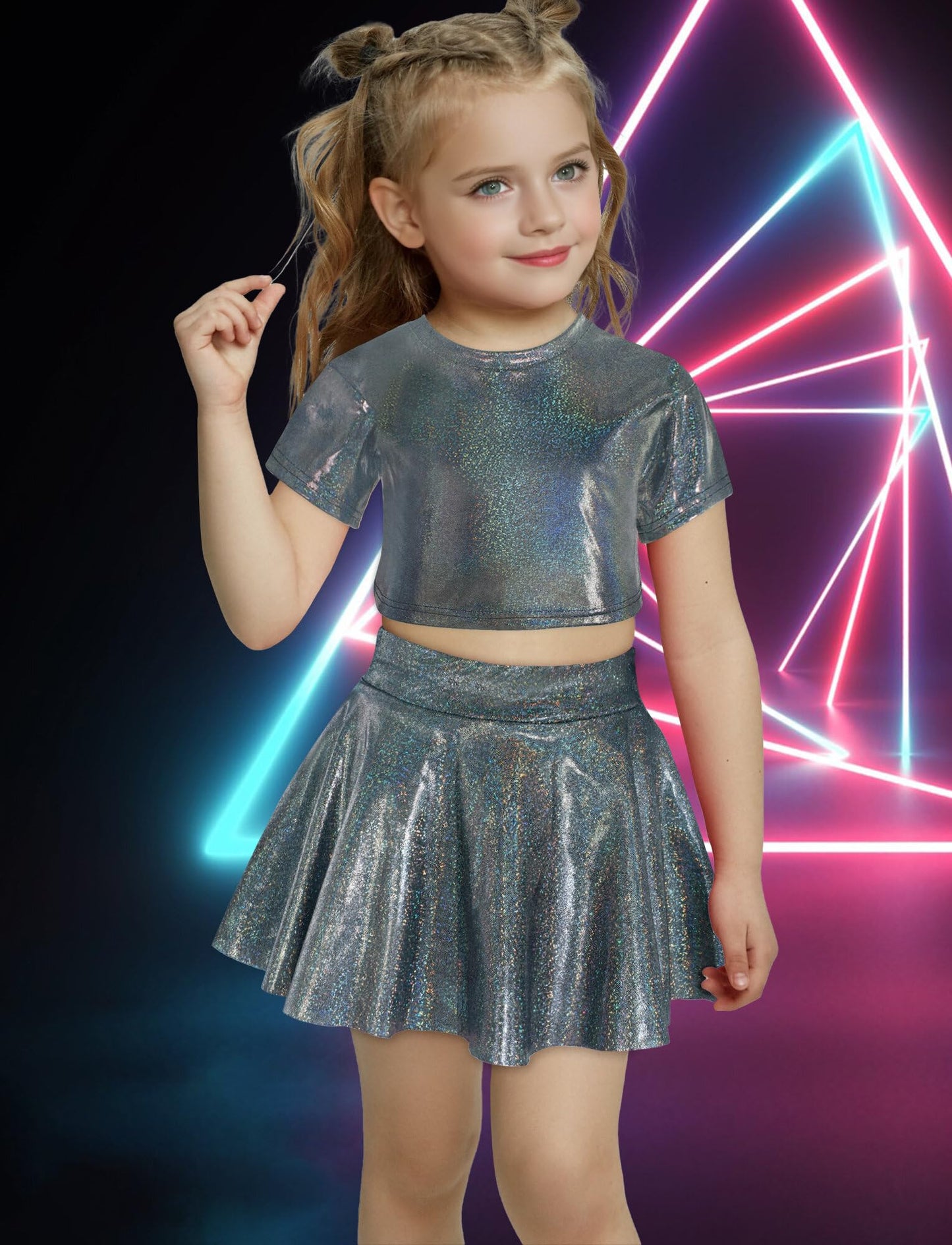 Happy Cherry 2Pcs Kids Girls Shiny Metallic Short Sleeve Crop Top With Pleated Skirt Set Dancewear Performance Costumes Black 10