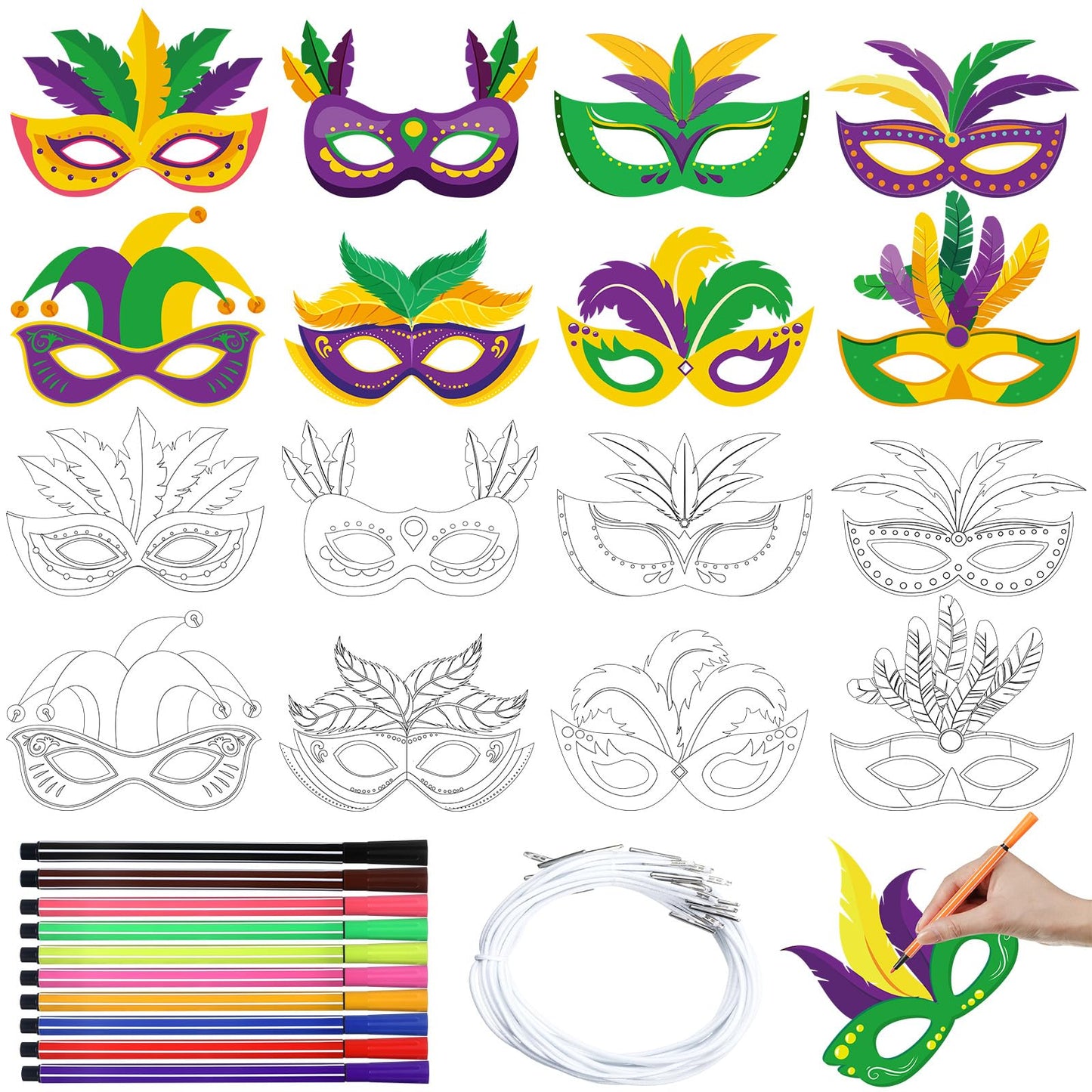 Lenwen 16 Pcs Mardi Gras Coloring Masks Color Your Own Mardi Gras Masks DIY Carnival Masquerade Craft Kits with Pens for Masquer