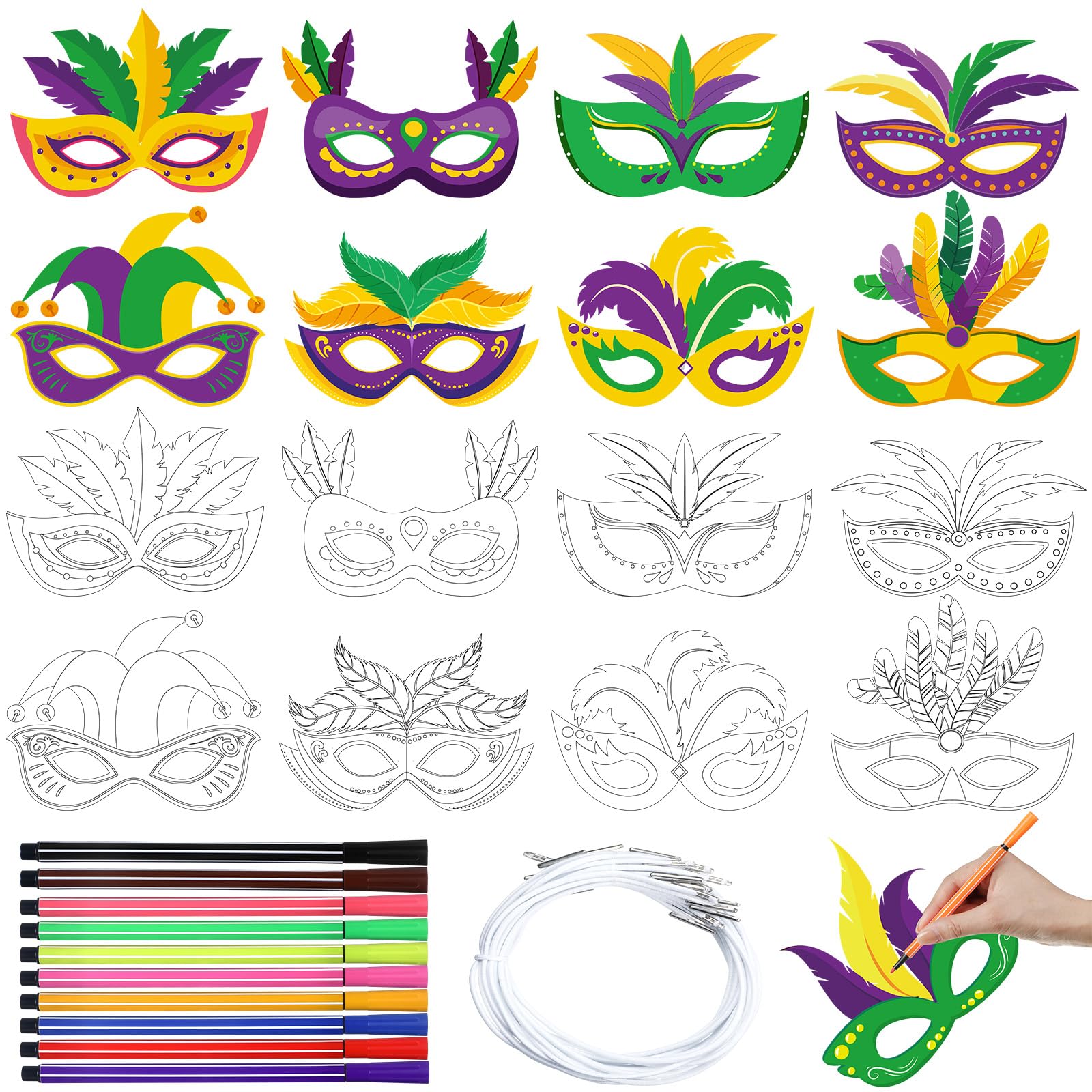 Lenwen 16 Pcs Mardi Gras Coloring Masks Color Your Own Mardi Gras Masks DIY Carnival Masquerade Craft Kits with Pens for Masquer