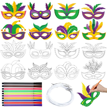 Lenwen 16 Pcs Mardi Gras Coloring Masks Color Your Own Mardi Gras Masks DIY Carnival Masquerade Craft Kits with Pens for Masquer