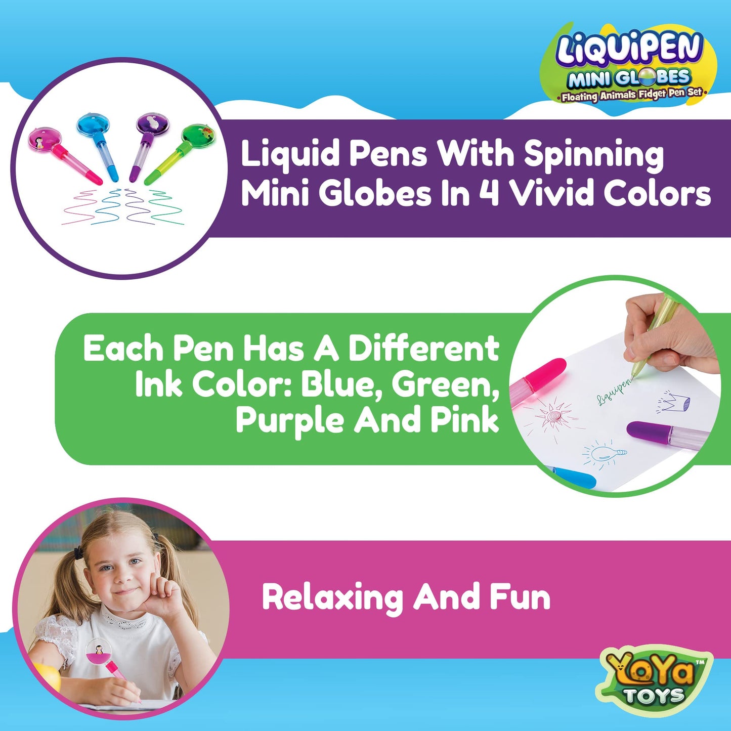 YoYa Toys Fidget Pens for Kids (4-Pack) - Liquid Motion Cool Spinning Toy - Colorful Floating Kawaii Animals - Penguin, Dolphin,
