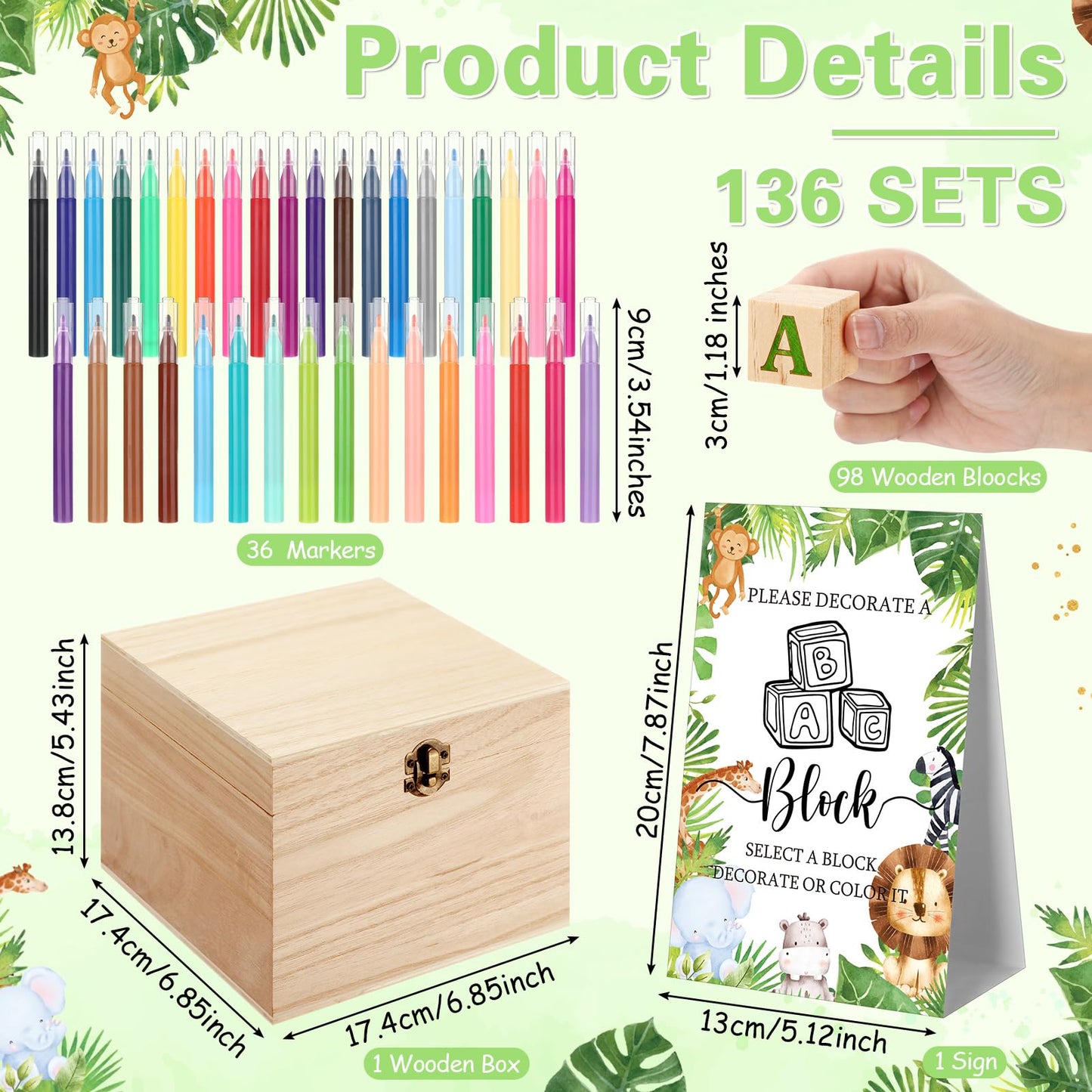 Marsui 136 Pcs Baby Shower Blocks to Decorate Game Kit Includes 98 Wooden Blocks, 36 Markers, 1 Game Sign, 1 Storage Box for Bab