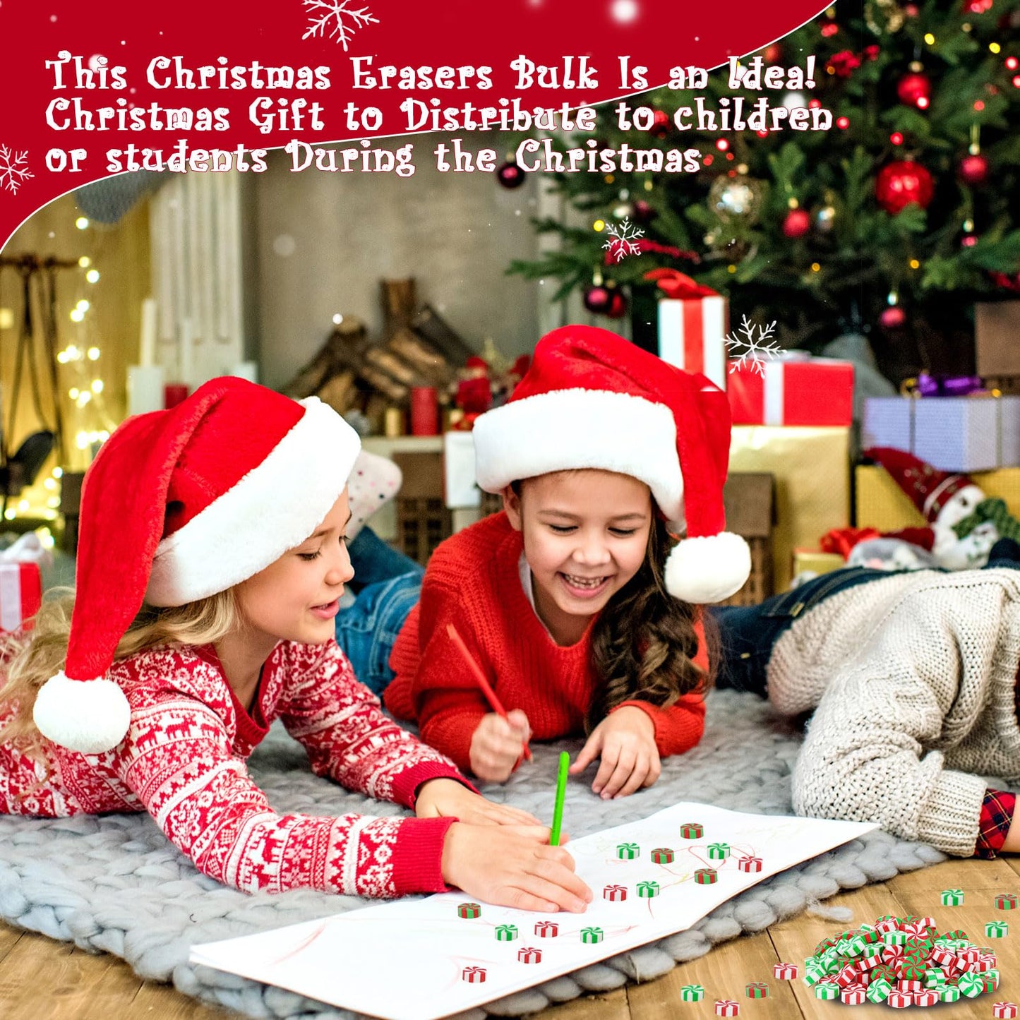 JUNEBRUSHS 150Pcs Christmas Erasers for Kids Bulk, Cute Mini Peppermint Candy Cane Pencil Erasers Novelty Holiday Erasers for St