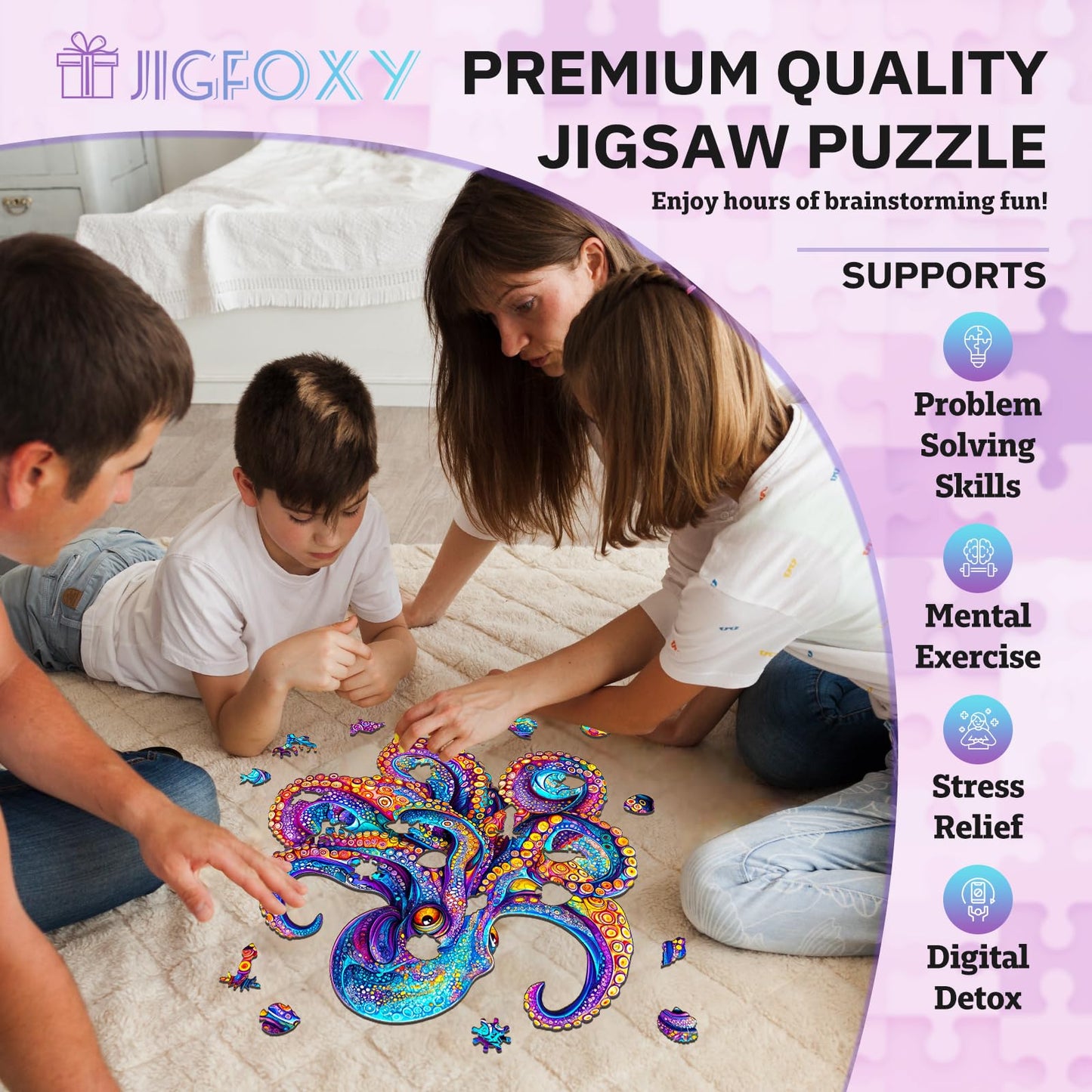 Jigfoxy Wooden Puzzles for mature-themeds  Octopus Wood Puzzles mature-themed  Unique Animal Shape Wooden Jigsaw Puzzles for mature-themeds  Birthday Gifts for Puzzle Lovers  Family (S-8.5 * 8.4in-100pcs)