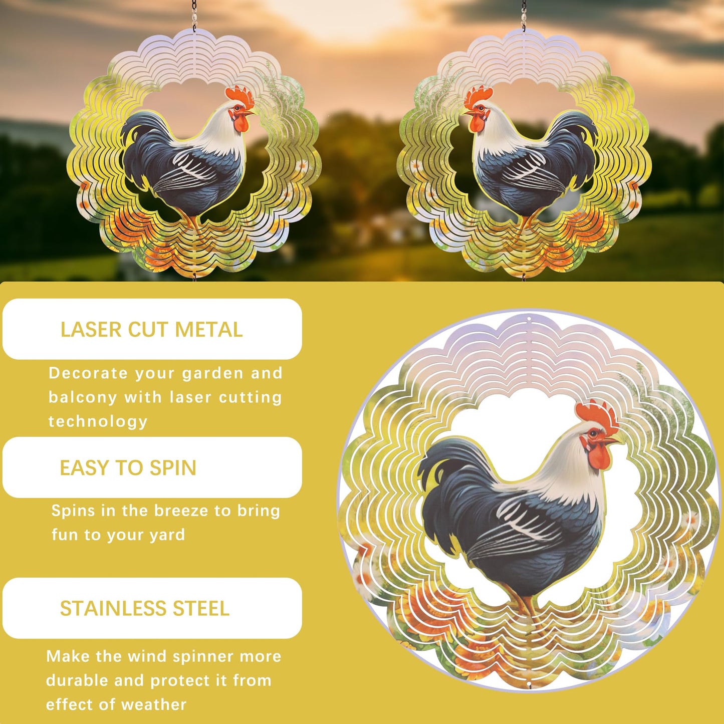 Newvees Rooster Metal Wind Spinners - Chicken Gifts For Women Mom Grandma Wife, Hanging Cock Wind Spinner For Outdoor & Indoor D
