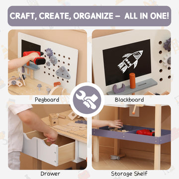 Wooden Kids Tool Bench with Electric Drill, Toddler Tool Bench with Storage Drawers and Platform, Toy Workbench Workshop with Pl