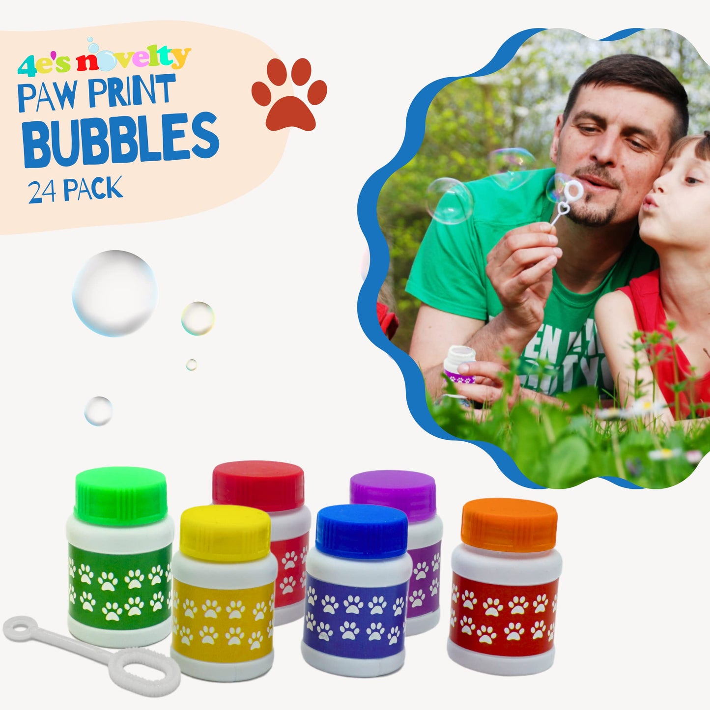 4E's Novelty Paw Print Bubble Bottles - Pack of 24 - Mini Bubbles 1 FL oz  Paw Dog Patrol Party Favors  Bubble Wand Blowing Toys for Kids Boys & Girls