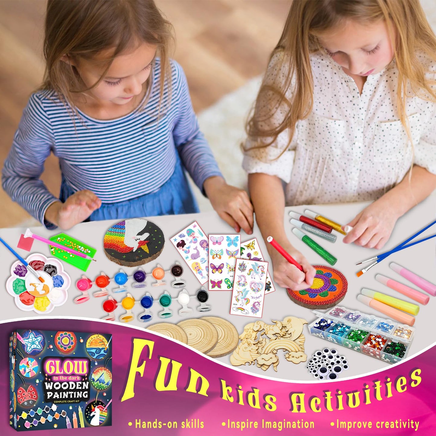 Klmars Kids Wooden Painting Kit-Glow In The Dark-Arts & Crafts Gifts For Boys Girls Ages 5-12-Wood Slice Craft Activities Kits -