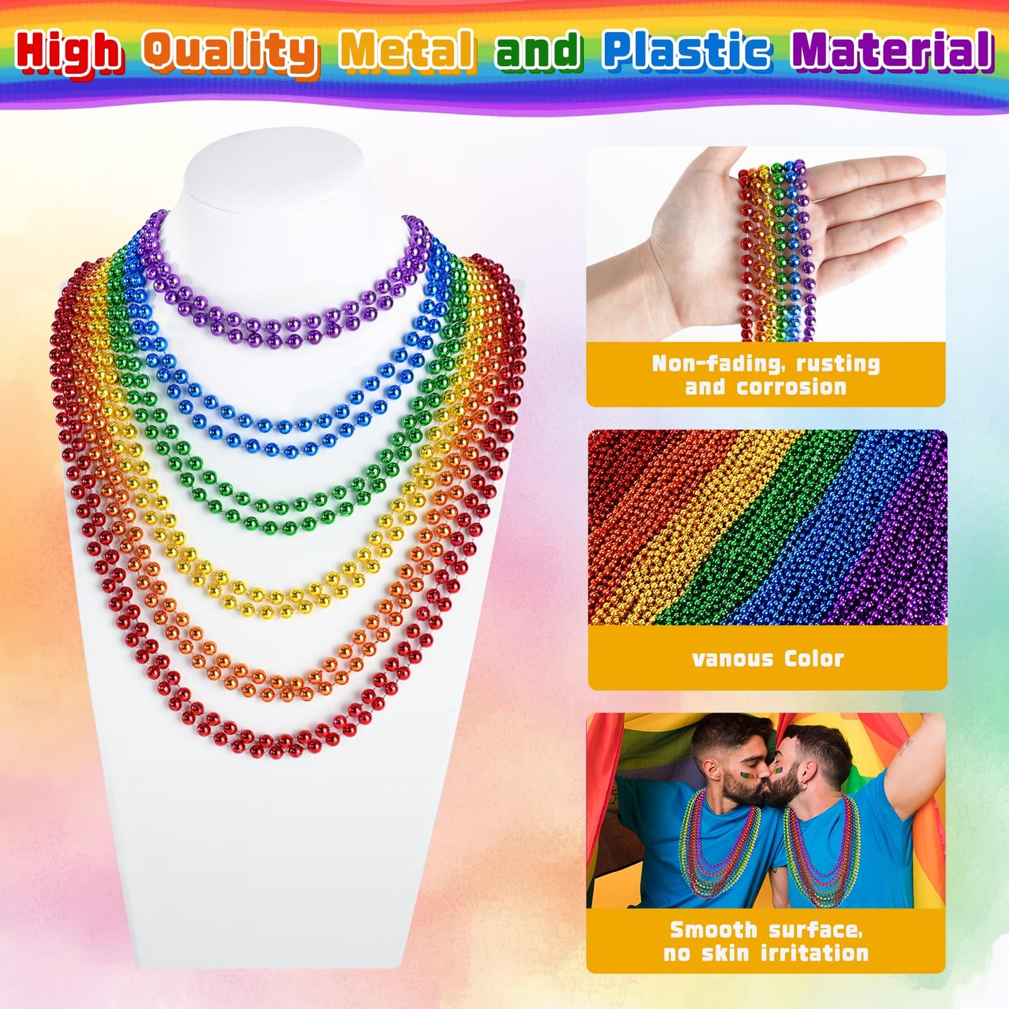 Zzyfgh 12 Pcs Pride Bead Necklaces, Gras Beads Necklaces, 33'' Lgbtq Pride Beads Women Men Stuff Pride Bead Accessories For Gay