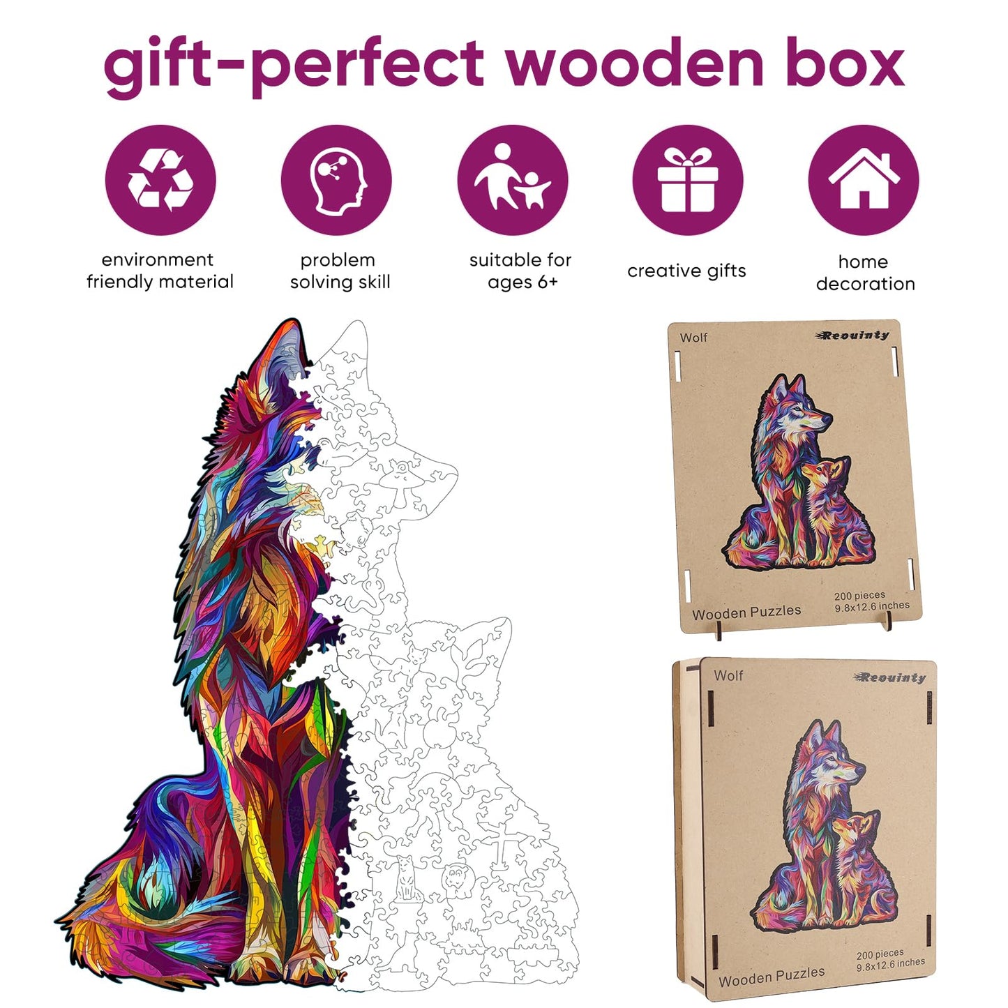 Wooden Puzzles for mature-themed  Wolf Family Jigsaw Puzzles 200 Pieces  Unique Shaped Animal Wood mature-themed Puzzle  Best Gifts for mature-themeds and Kids Family Games 9.8 * 12.6inches