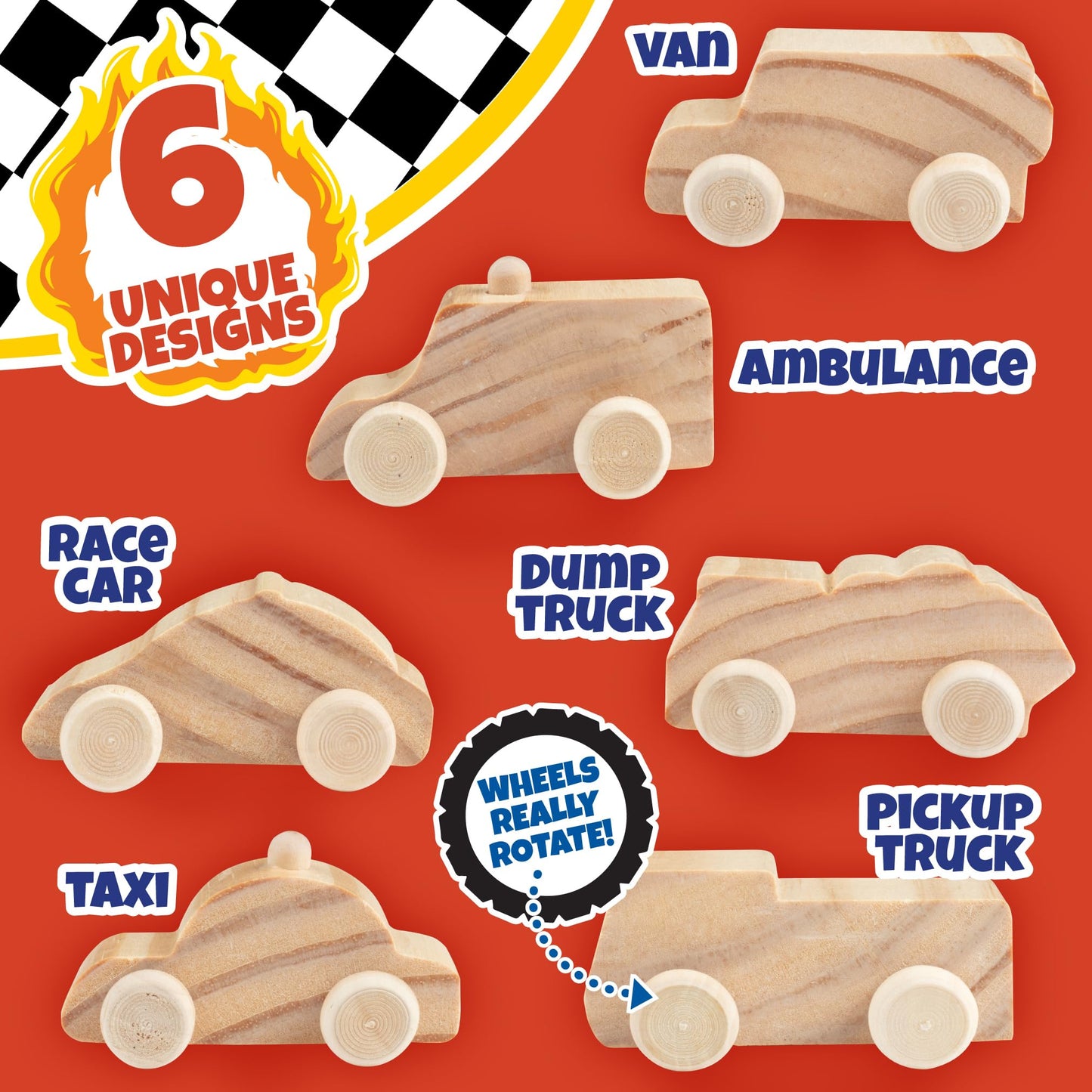 Kids Party Wood Painting Craft Kits (12ct) 3-D Cars - Each Kit Has its Own Brush, Paint, & Figure- 6 Designs Include Taxi, Truck