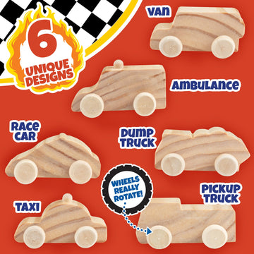 Kids Party Wood Painting Craft Kits (12ct) 3-D Cars - Each Kit Has its Own Brush, Paint, & Figure- 6 Designs Include Taxi, Truck